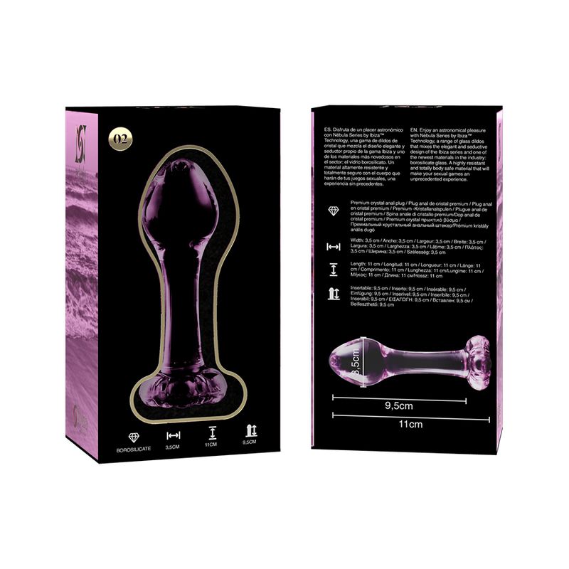 Plug anale in vetro rosa con dimensioni sulla confezione: 11 cm di lunghezza, 3,5 cm di larghezza.