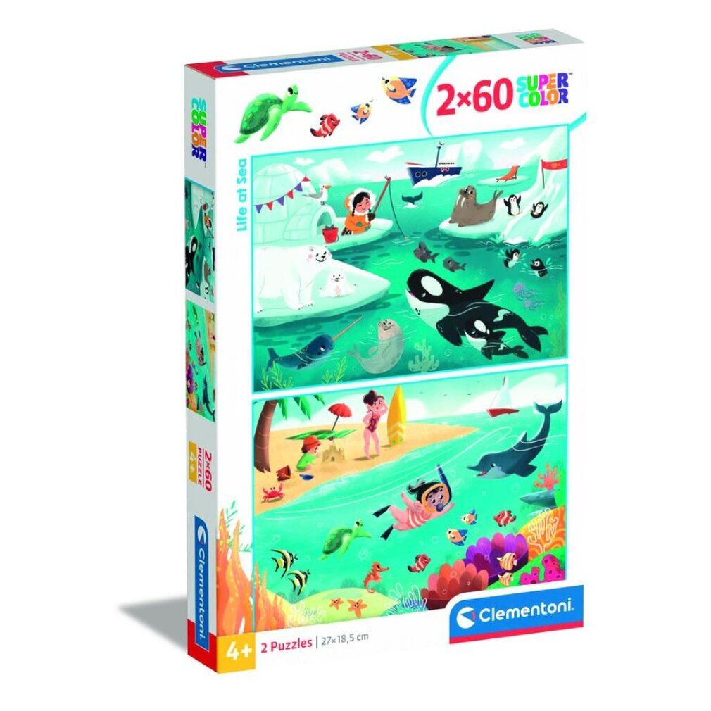 Scatola puzzle con due puzzle da 60 pezzi. Tema: Vita marina. Marchio: Clementoni. Animali marini e paesaggio di spiaggia illustrati.