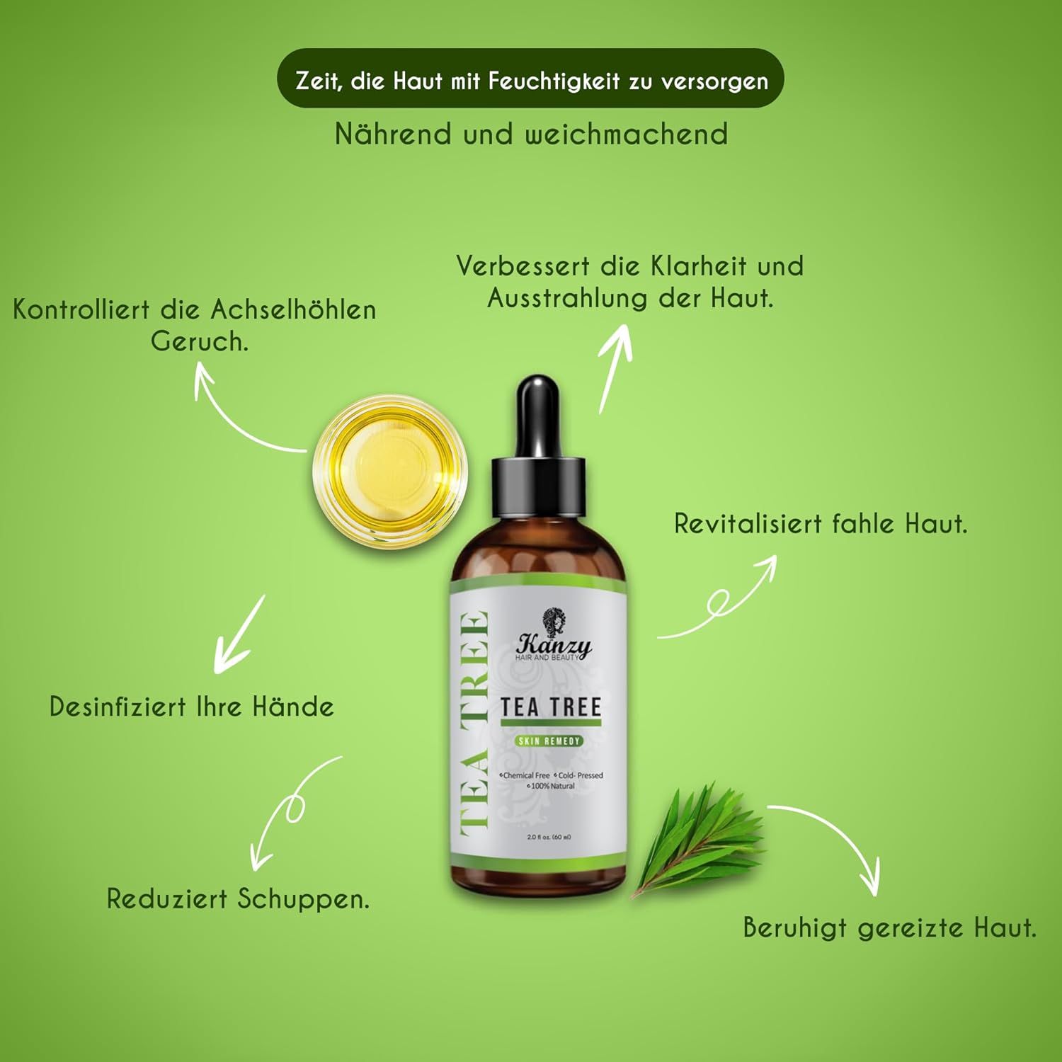 Flacone di vetro marrone Kanzy Tea Tree Oil con contagocce. Informazioni sul prodotto ed elementi verdi sull'etichetta.