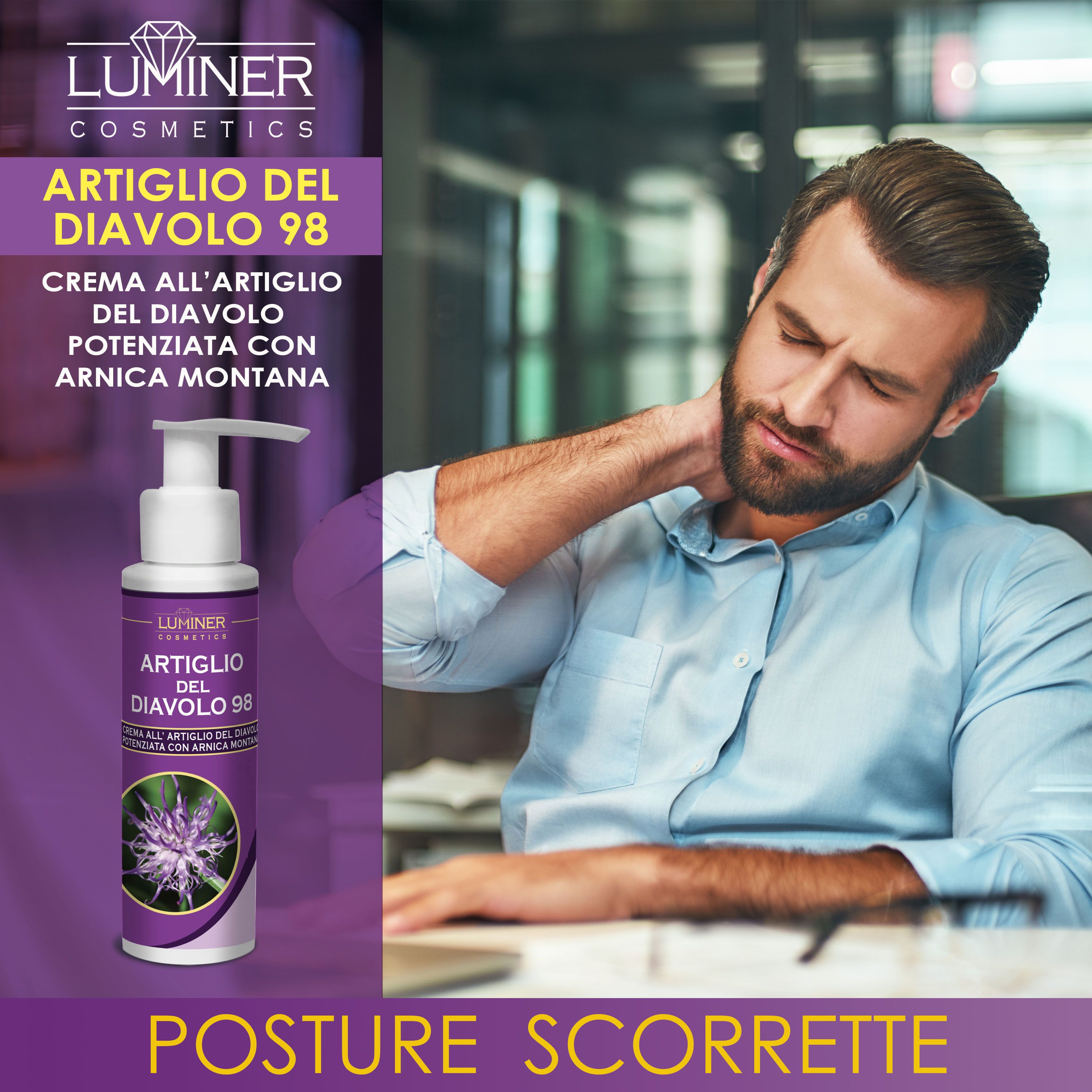 Uomo con dolore al collo alla scrivania, accanto alla crema LUMINER Artiglio del Diavolo 98.