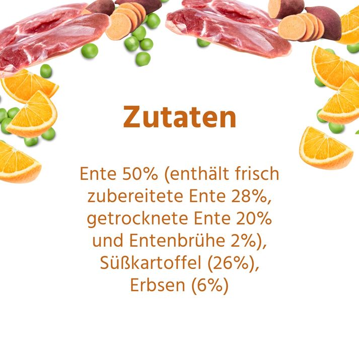 Testo: Ingredienti. Anatra 50% (contiene anatra fresca preparata 28%, anatra essiccata 20% e brodo di anatra 2%), patata dolce (26%), piselli (6%).