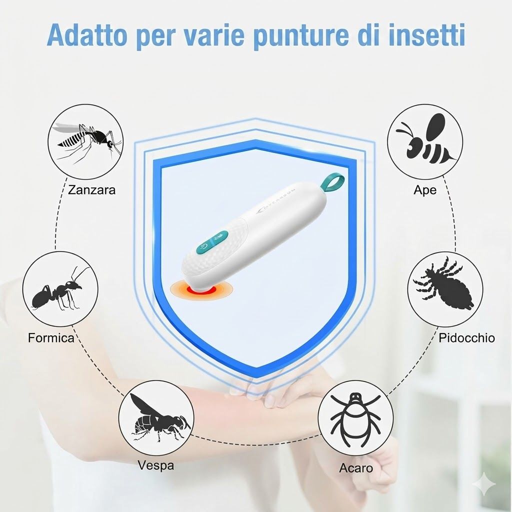 Dispositivo bianco ovale con laccetto blu. Icone insetti. Scritta: MYCARBON.