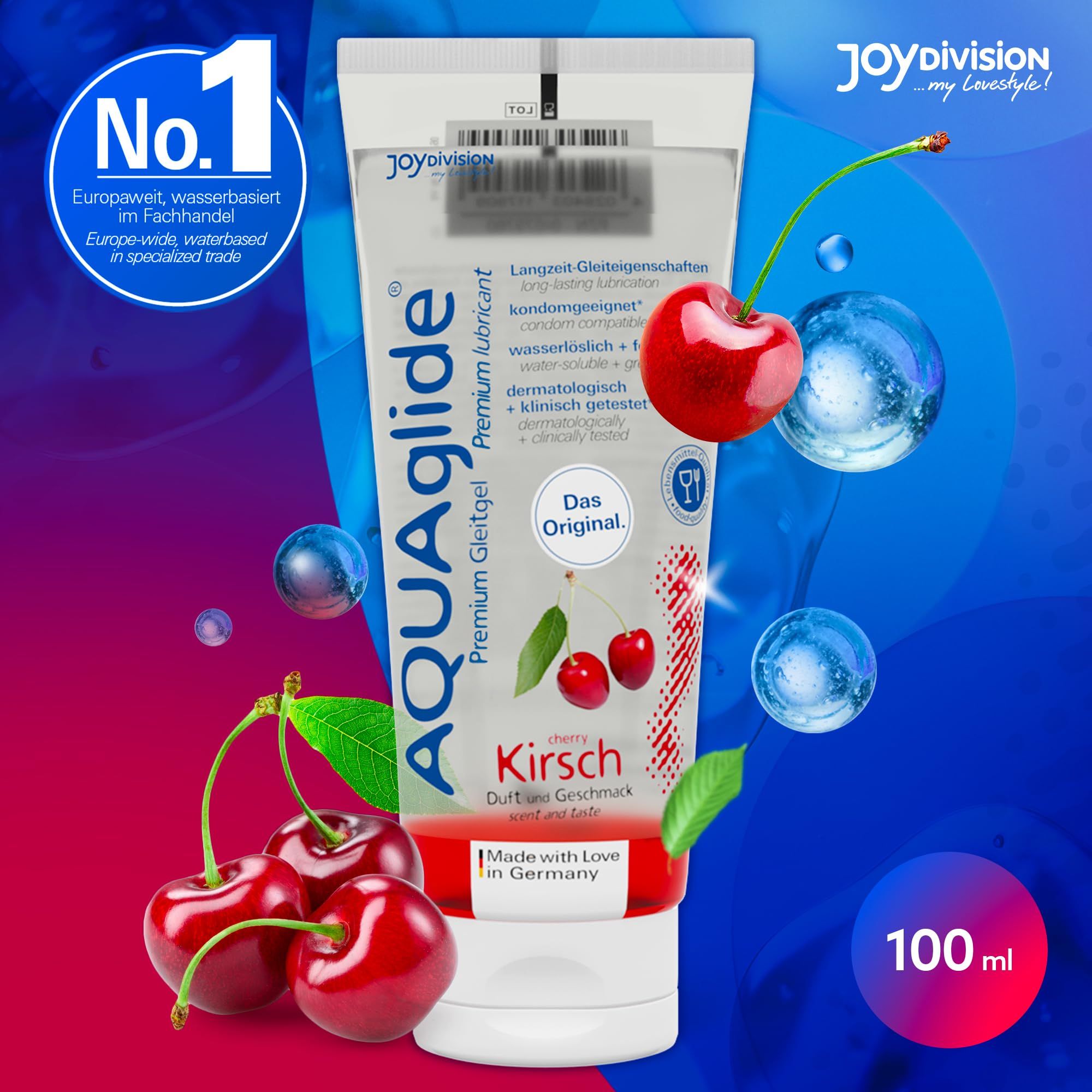 Tubo di gel lubrificante AQUAGLIDE Ciliegia con motivo di ciliegie. Scritta "Das Original".
