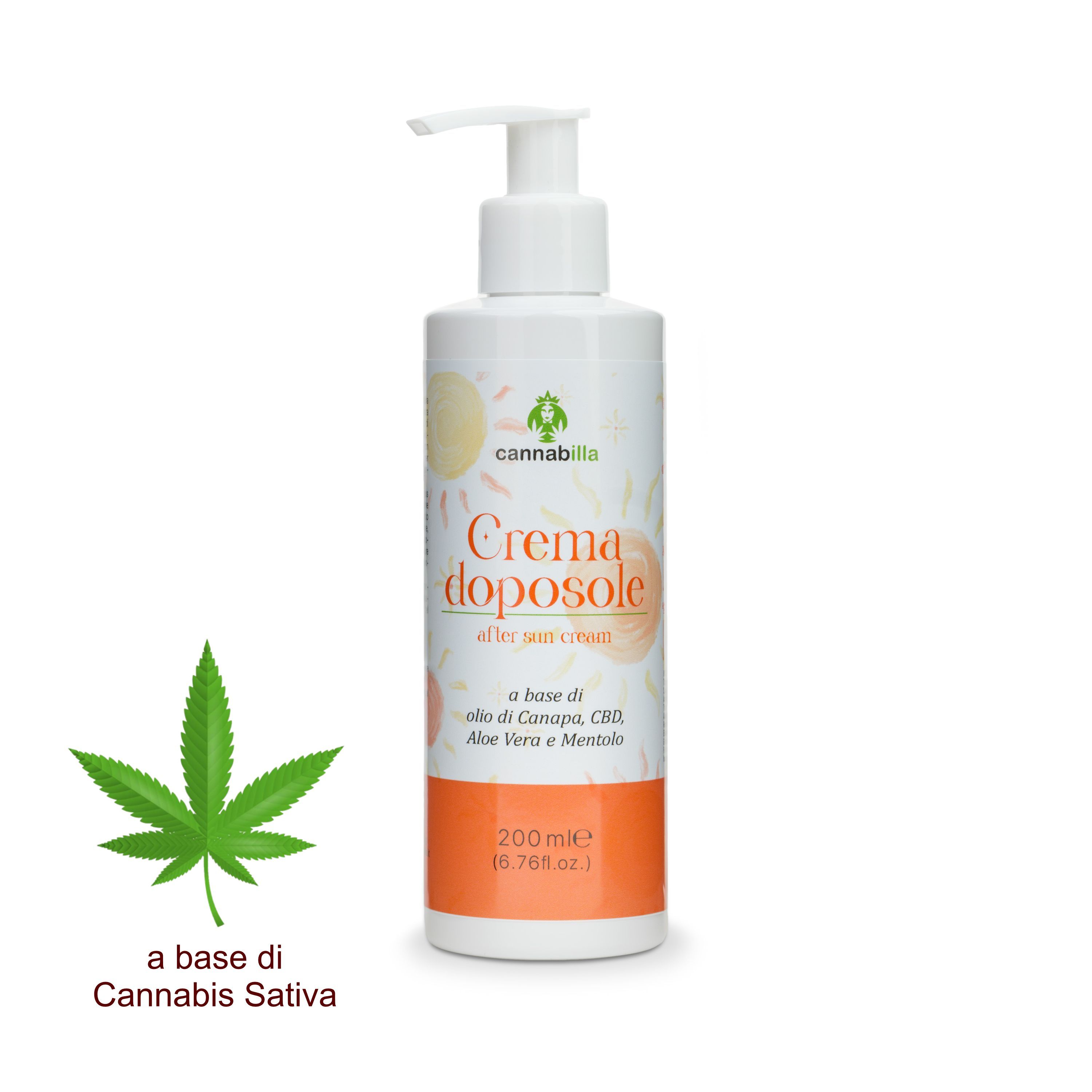 Flacone bianco con dosatore. Scritta: Crema doposole, Cannabilla. Striscia arancione con testo. Foglia di cannabis accanto.