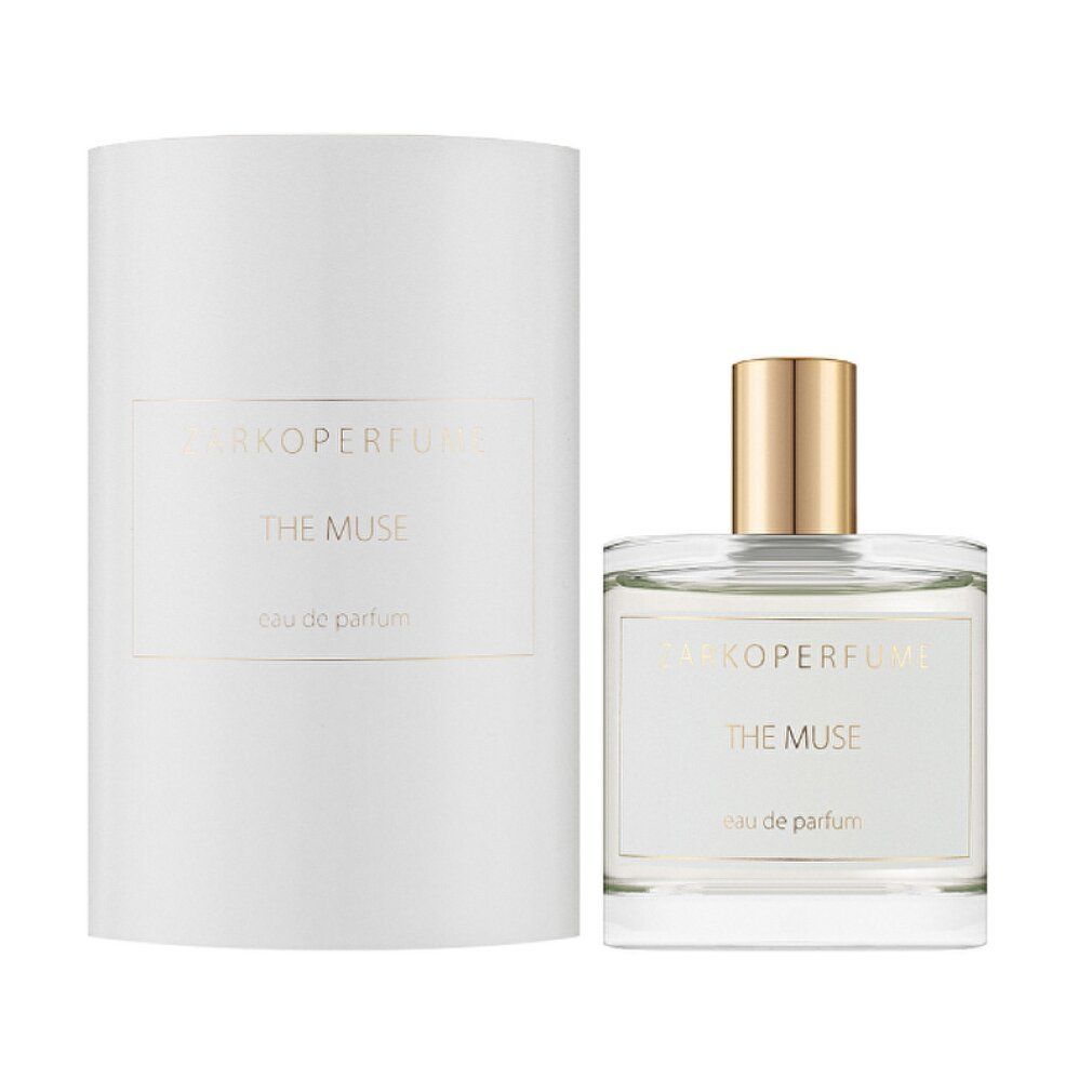 Flacone in vetro con tappo dorato e confezione bianca. Scritta: Zarkoperfume, The Muse, eau de parfum.