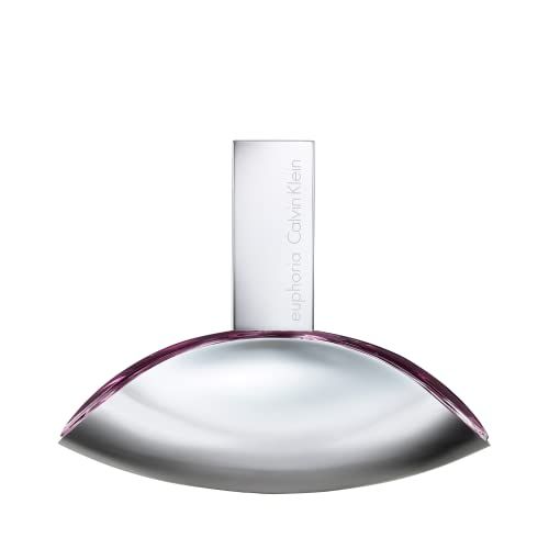 Flacone di profumo con tappo argentato e accento viola. Scritta: euphoria Calvin Klein.
