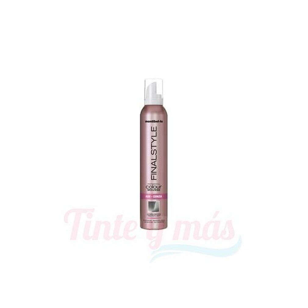 Montibel-Lo Finalstyle Schiuma Intensificante Colore. Flacone rosa, erogatore bianco. Scritte: FINALSTYLE, COLOUR MOUSSE, ASH - CENIZA.