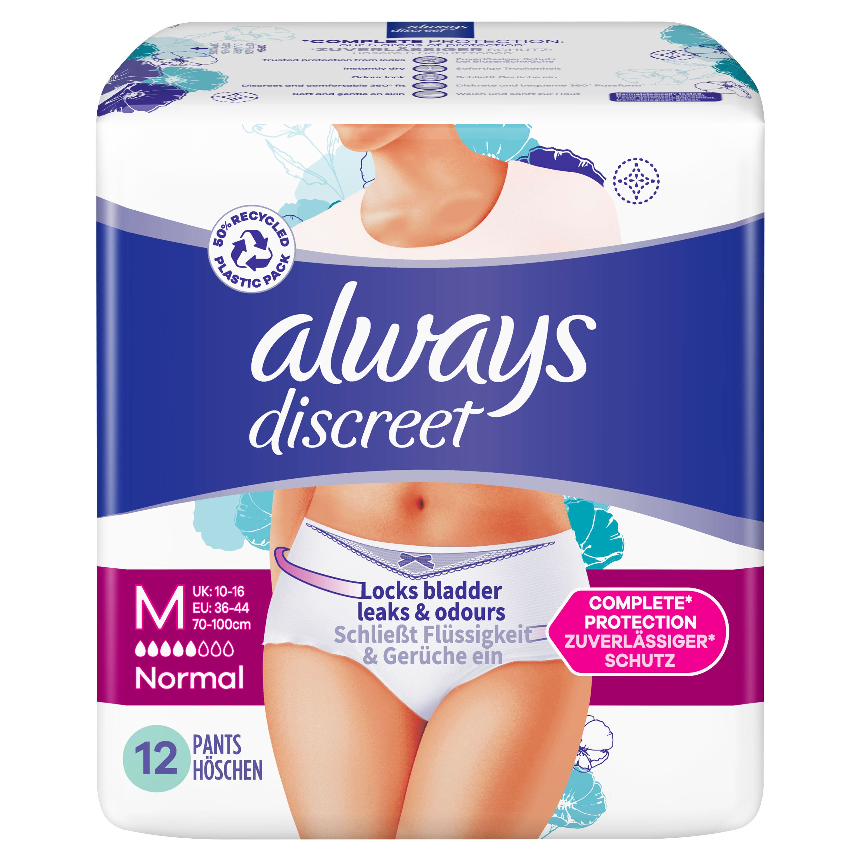 Confezione di mutandine per incontinenza Always Discreet taglia M. Contiene 12 mutandine. Indicato: EU 36-44, UK 10-16.