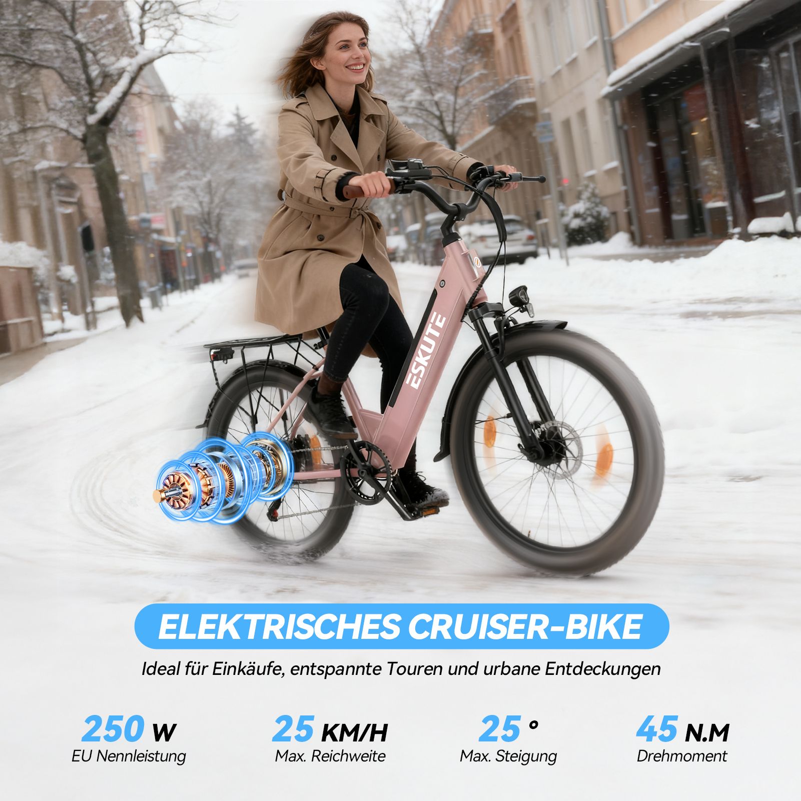 Donna in bicicletta elettrica rosa. Testo: Bicicletta cruiser elettrica, 250W, 25 KM/H, 25 gradi, 45 N.M. coppia.