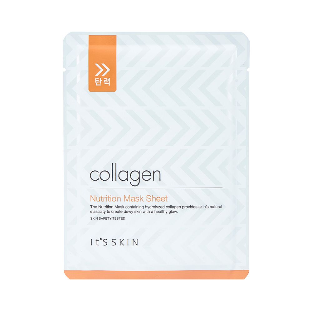 Confezione "collagen Nutrition Mask Sheet". Bustina bianca con accento arancione e testo.