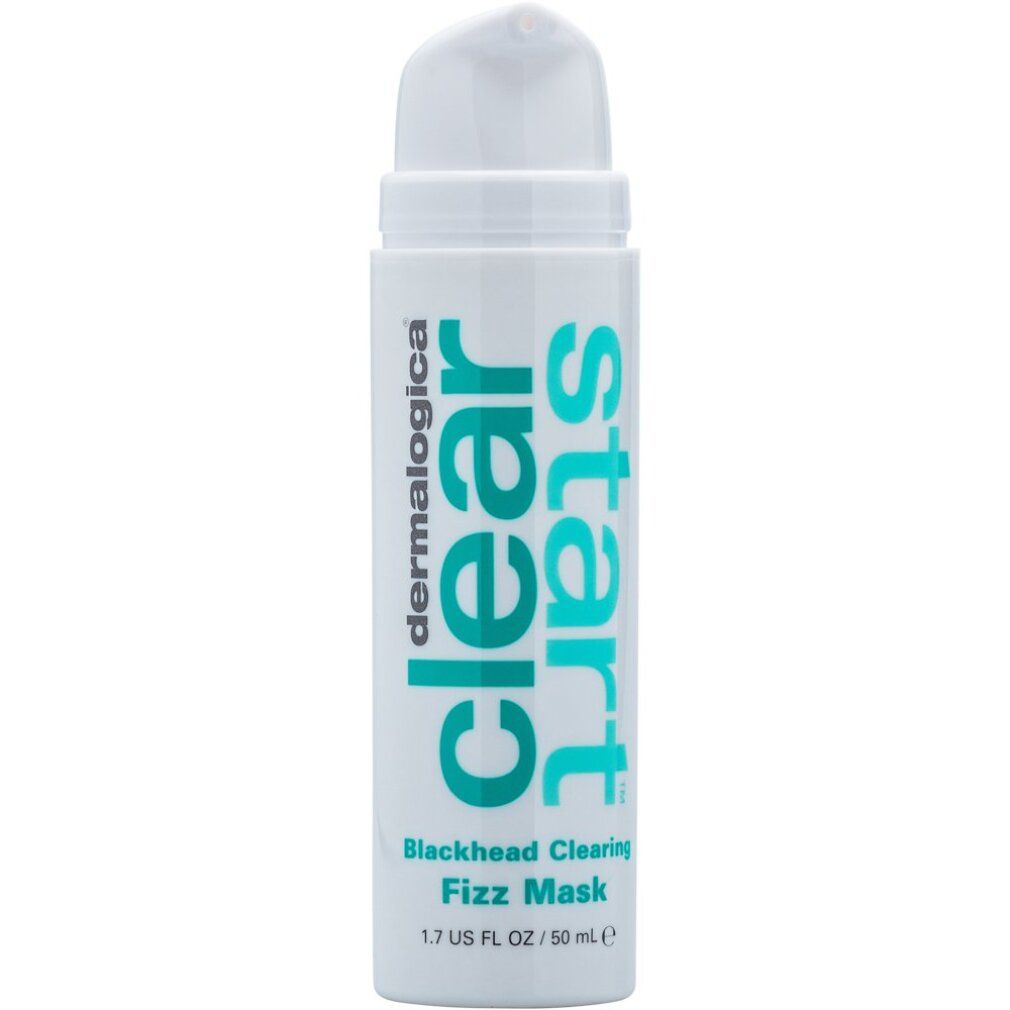 Flacone bianco con erogatore a pompa bianco. Scritta blu: 'dermalogica clear start'. Sotto: 'Blackhead Clearing Fizz Mask'. 50 ml.