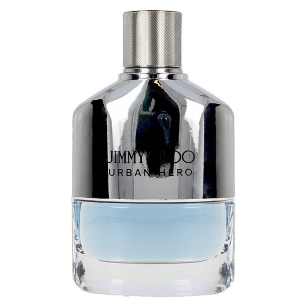 Flacone di profumo con tappo argentato e contenuto azzurro. Testo: Jimmy Choo Urban Hero.