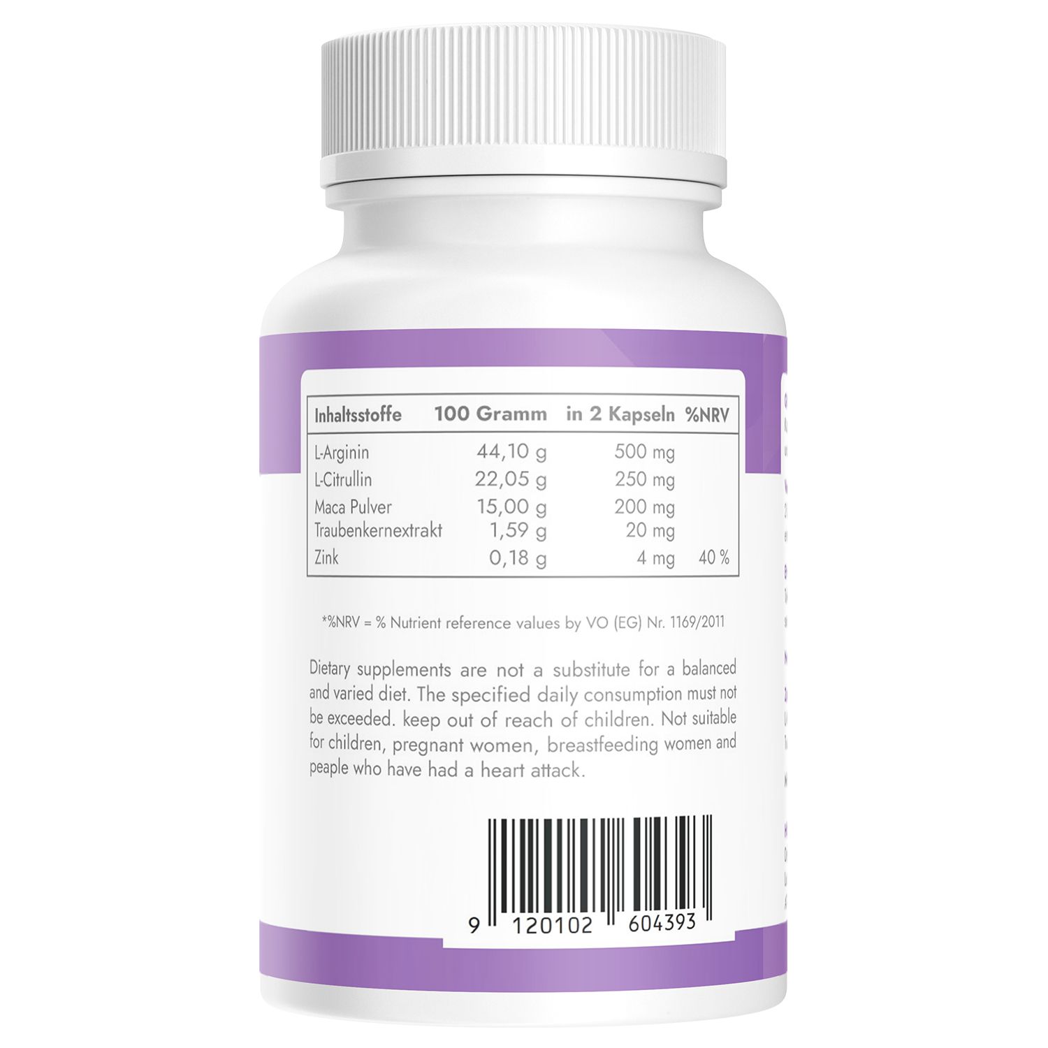 Retro di un barattolo di capsule Viaramil Men Performance con valori nutrizionali e codice a barre.