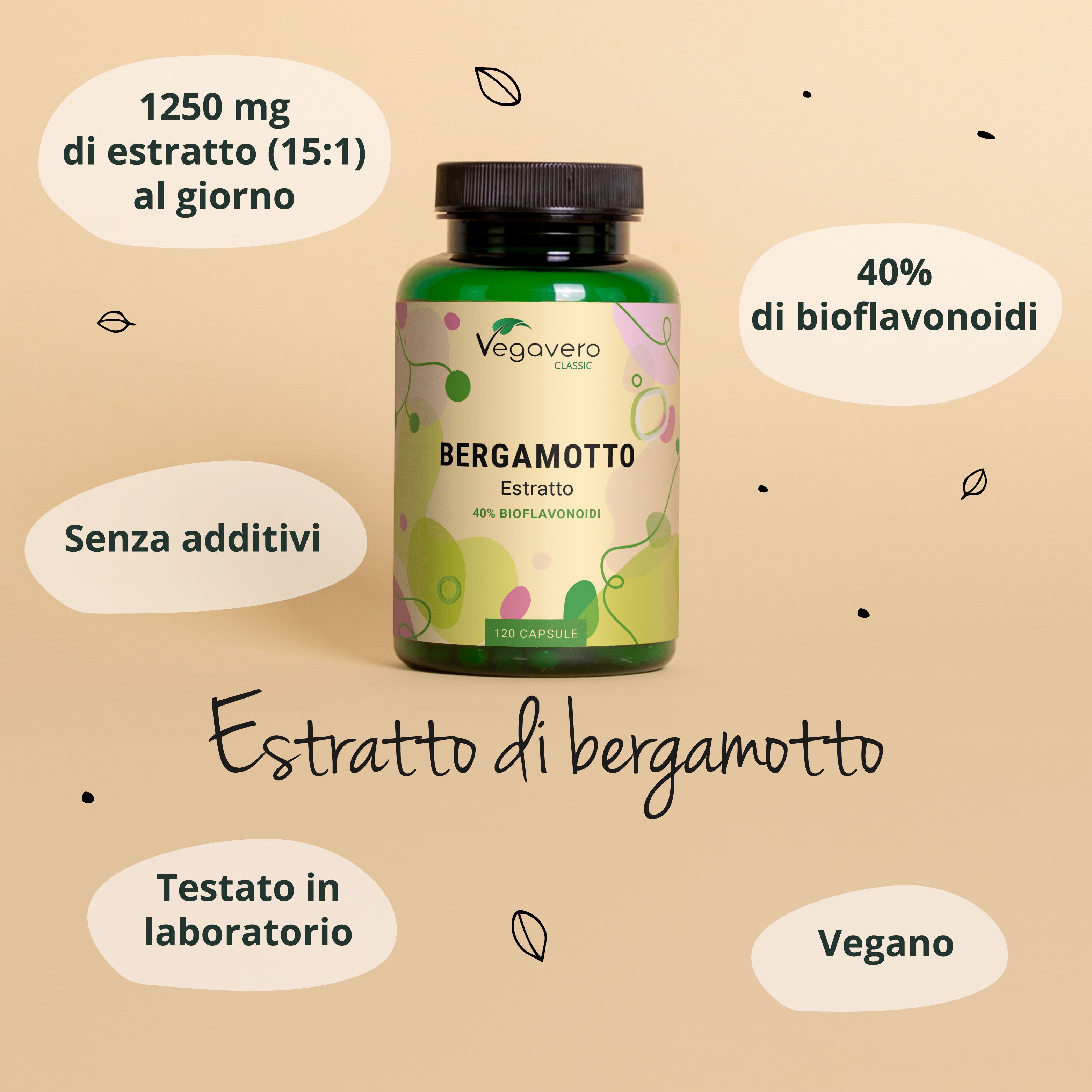 Flacone Bergamotto Extrakt, 120 capsule. Scritta: 40% Bioflavonoidi, Senza additivi, Vegano. Testo: Estratto di bergamotto.
