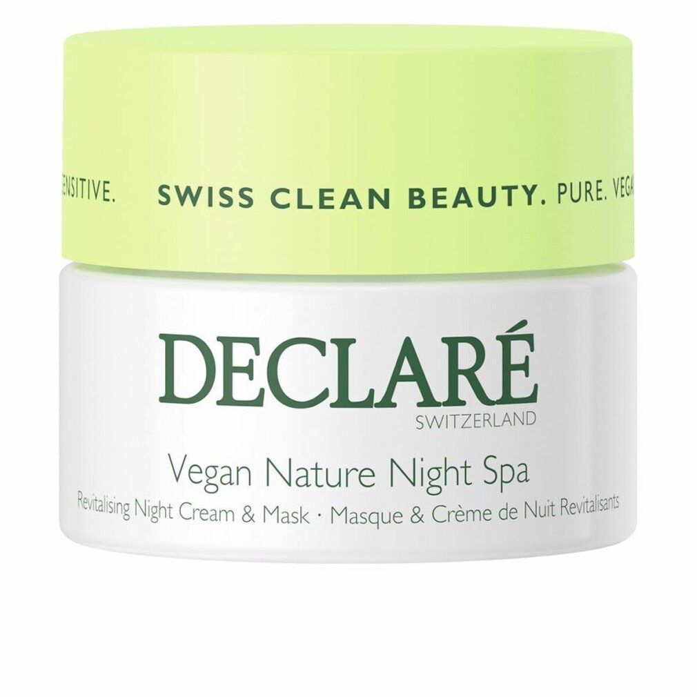 Vaso di crema con coperchio verde. Scritta: DECLARÉ Vegan Nature Night Spa. Crema notte e maschera rivitalizzante.