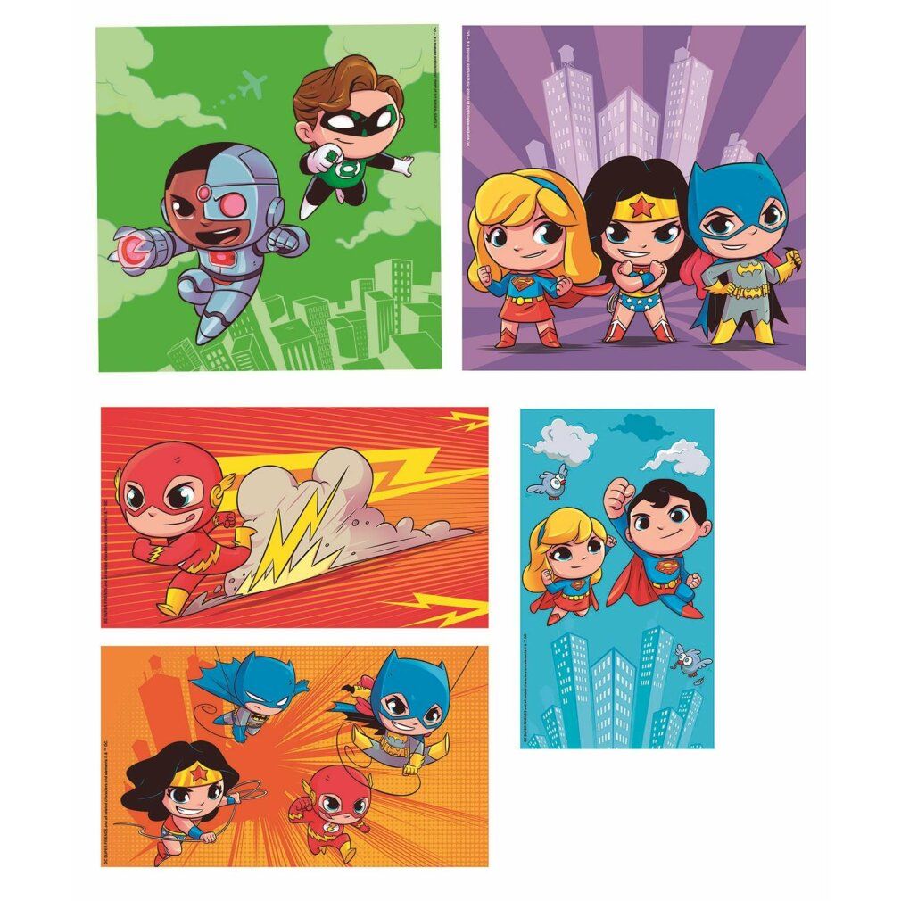Cinque puzzle con motivi DC Super Friends. Cyborg, Lanterna Verde, Supergirl, Wonder Woman, Batman, Flash. Stile fumetto. Sfondi urbani e nuvole.