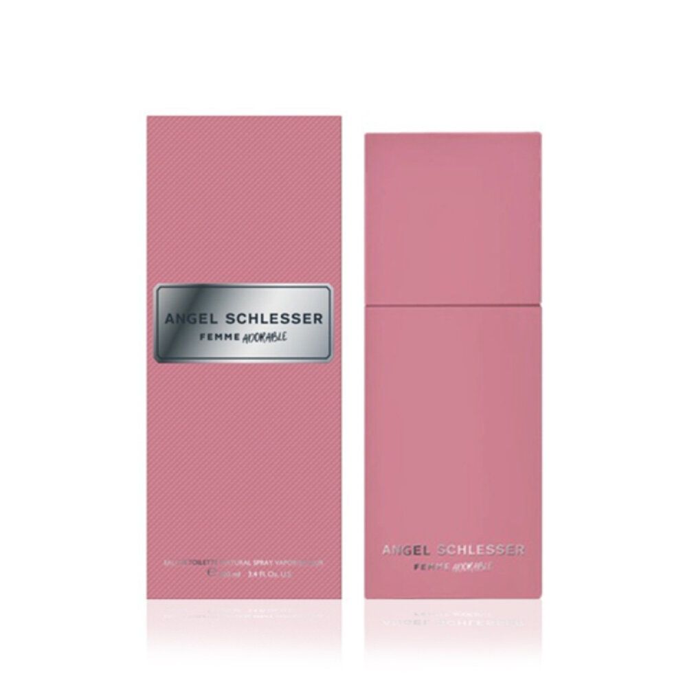 Flacone e confezione rosa. Scritta: Angel Schlesser Femme Adorable. Eau de Toilette.