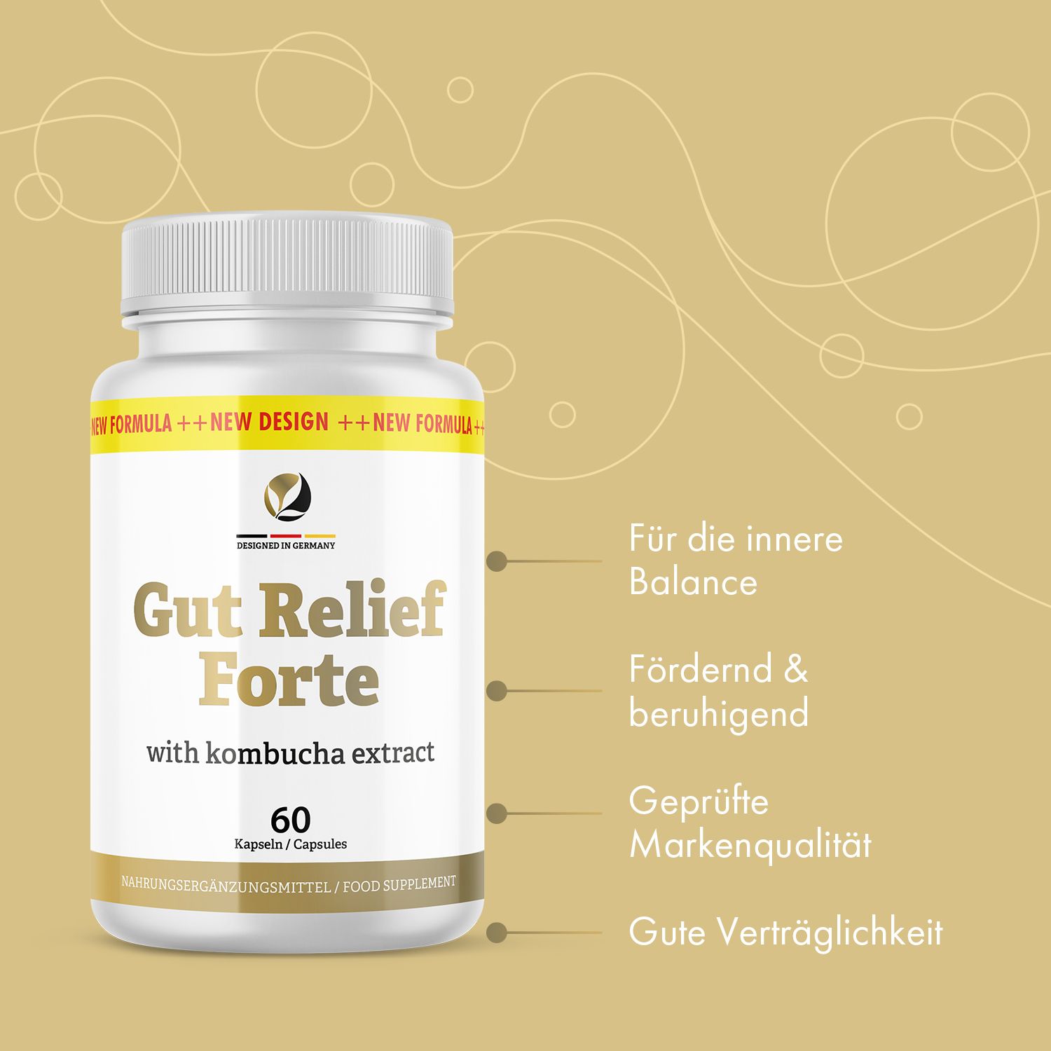 Flacone bianco "Gut Relief Forte" capsule. Scritta: "with kombucha extract". Testo: Per l'equilibrio interiore, promuovente e calmante, qualità del marchio certificata.