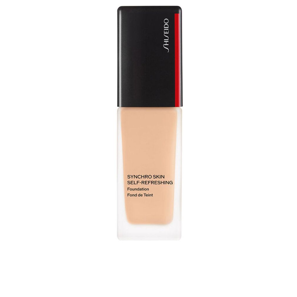 SHISEIDO FT SYNCHRO SKIN SELF REFRESHING Foundation. Flacone rettangolare in vetro con tappo nero. Nome del prodotto e marchio visibili.