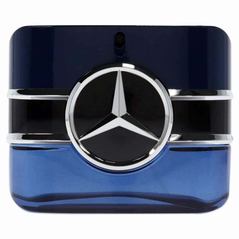 Flacone blu con logo Mercedes-Benz. Forma rettangolare, accenti argentati.