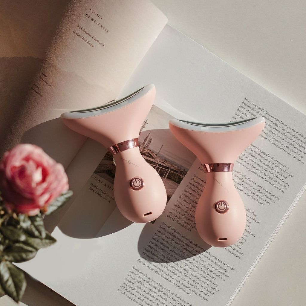 Due definitori LED rosa per collo e mascella appoggiati su un libro.