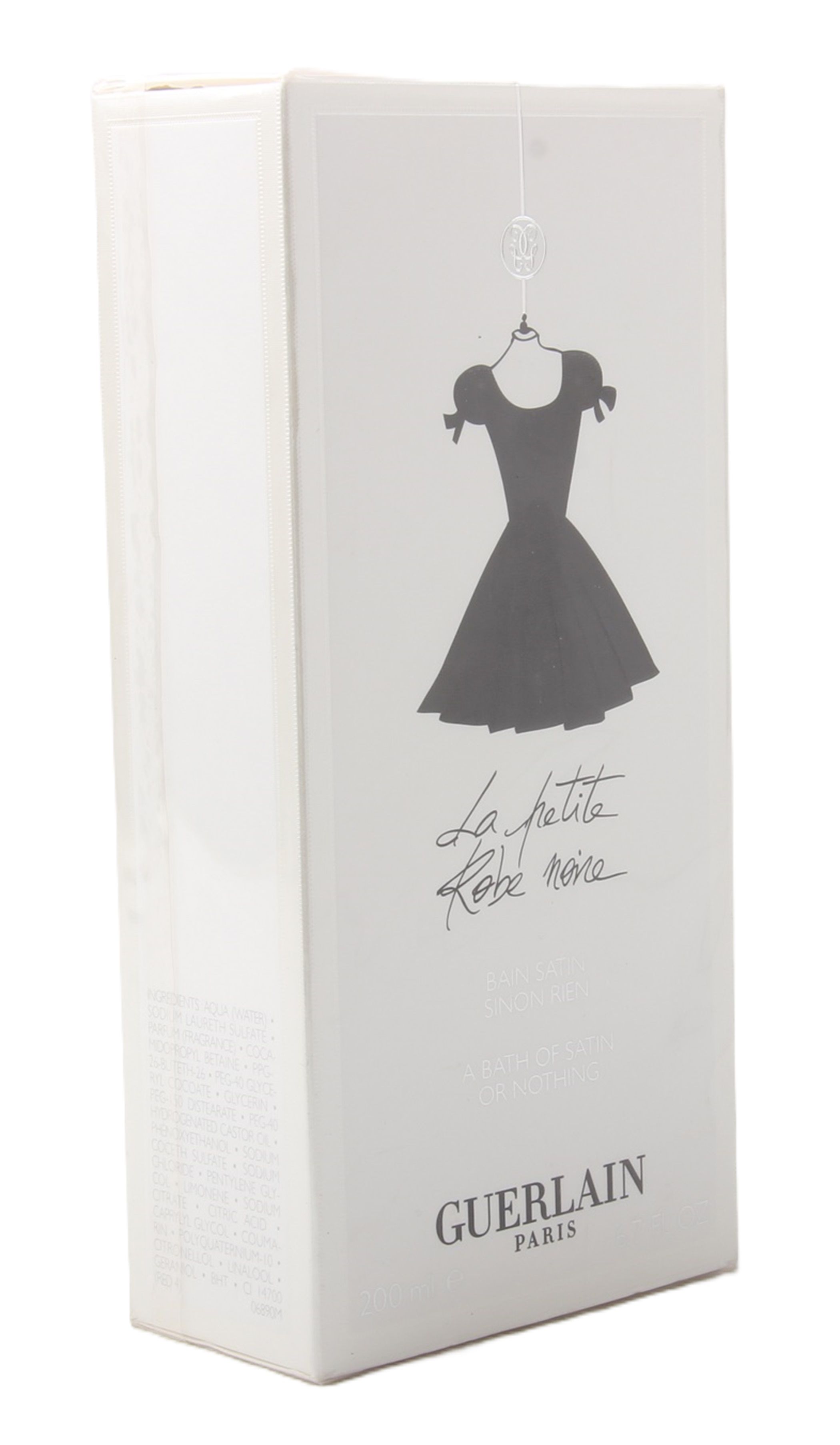 Confezione bianca con disegno di abito nero e testo. Logo Guerlain in basso. Vista laterale.