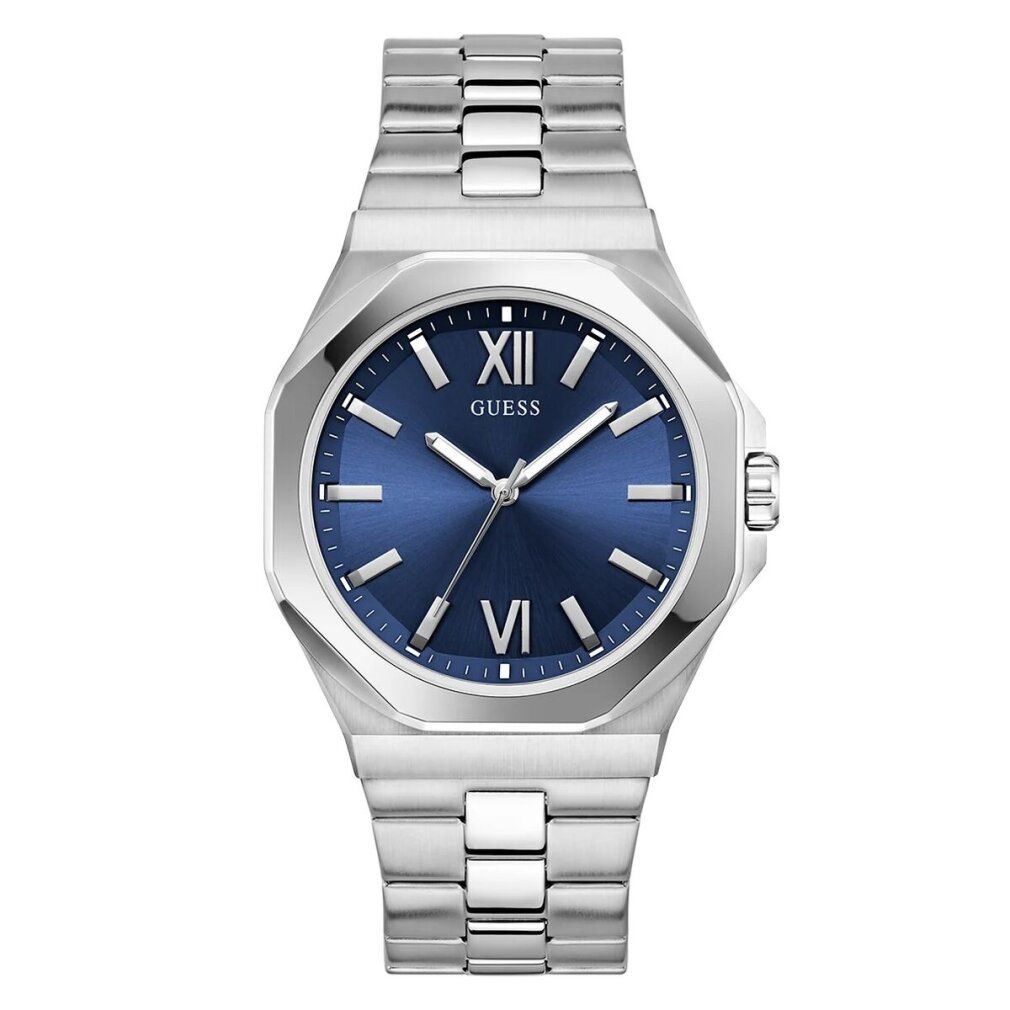 Orologio da uomo con quadrante blu e bracciale argentato. Il quadrante mostra numeri romani e il logo "GUESS".