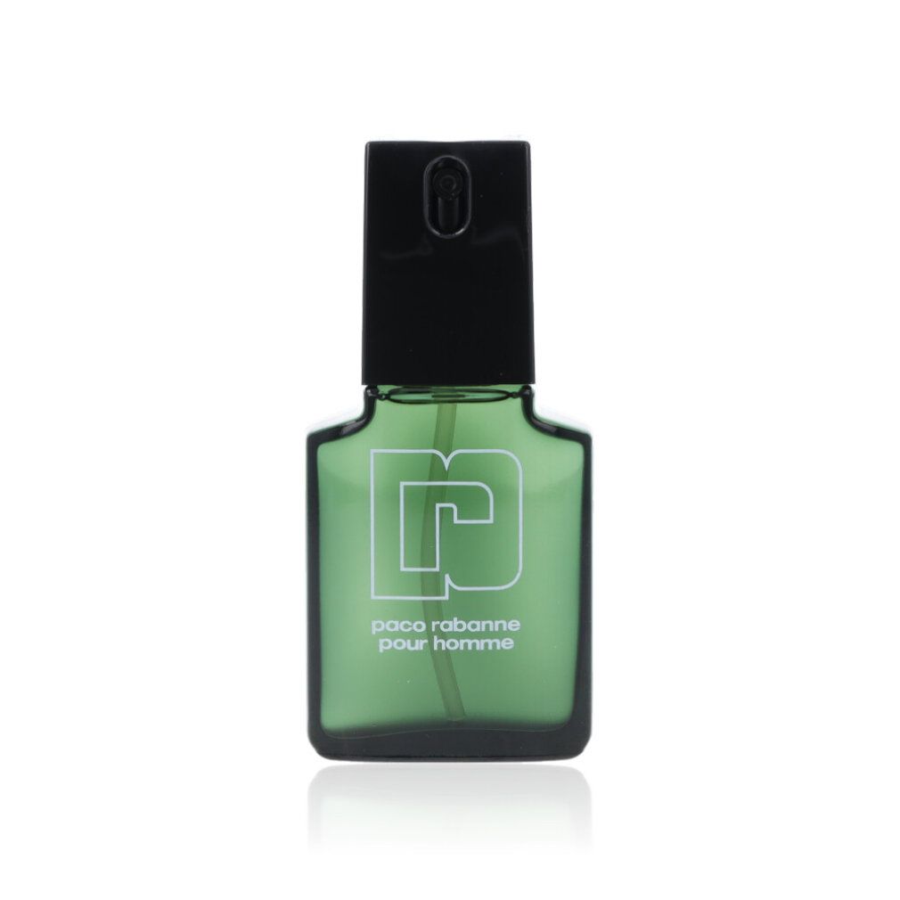 Flacone verde Paco Rabanne Pour Homme. Tappo nero. Logo e testo bianchi.