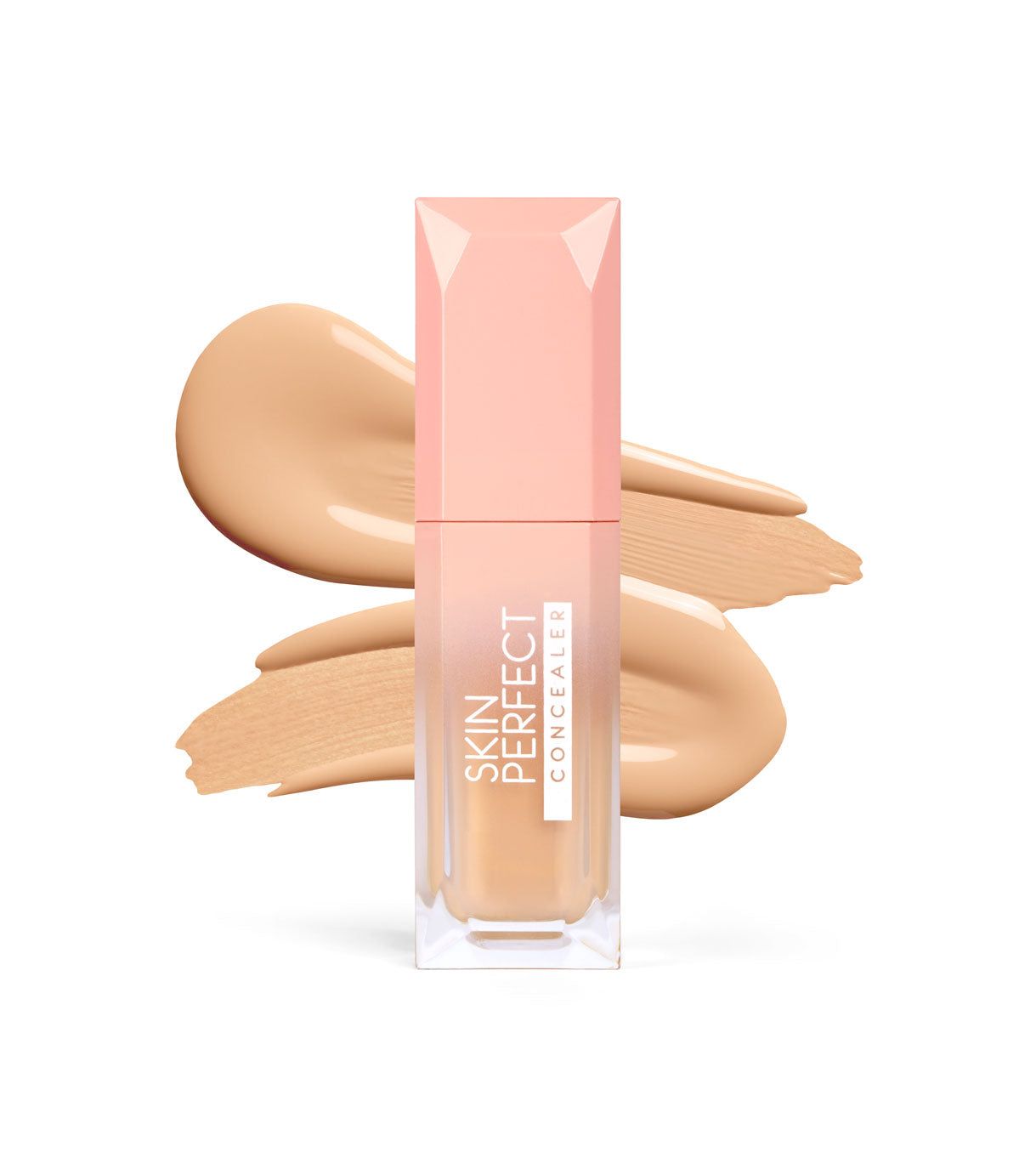 Flacone di correttore con tappo rosa pallido e contenuto color beige. Due campioni della texture liquida sono visibili accanto.