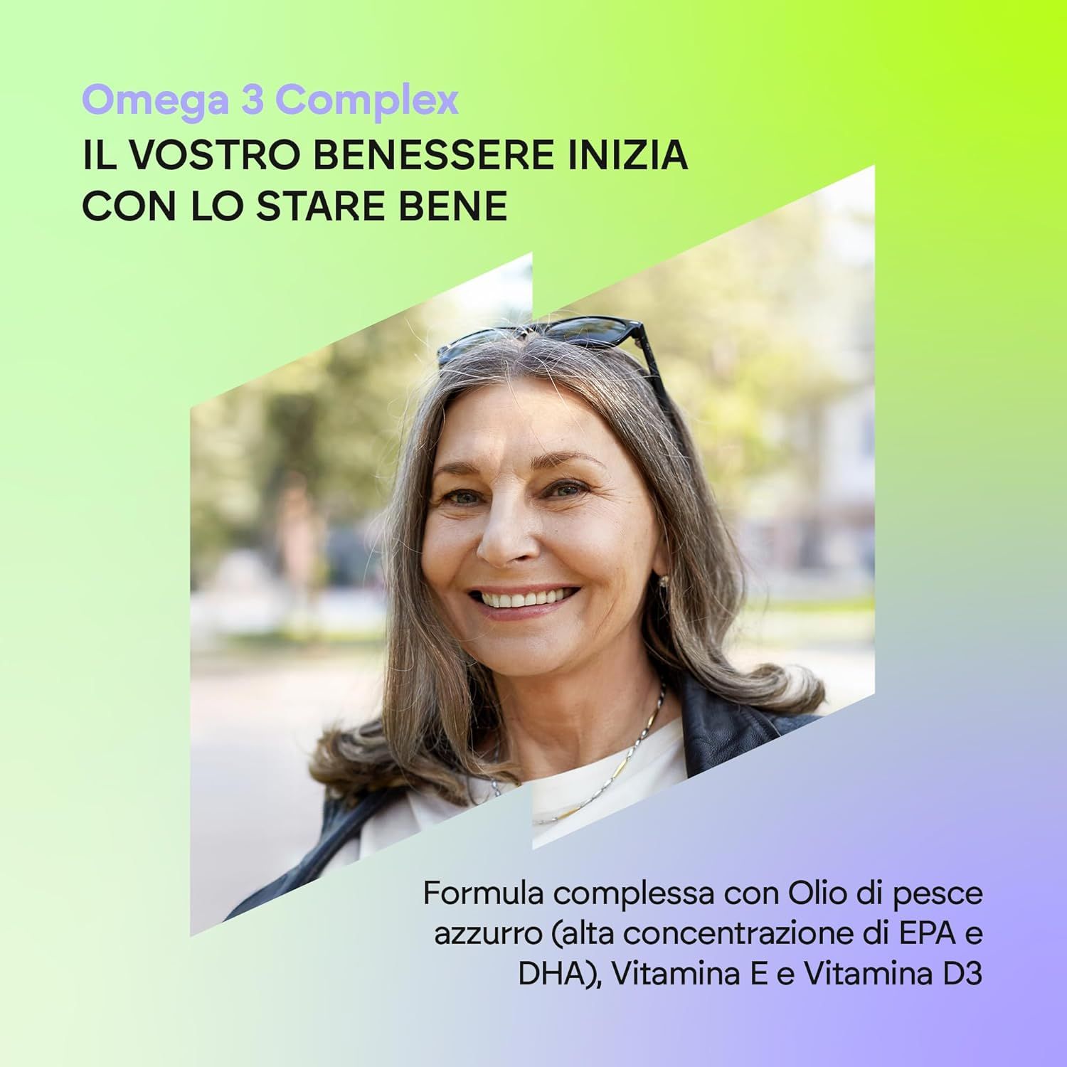 Donna anziana sorridente. Sfondo sfumato. Testo: Omega 3 Complex. Formula con olio di pesce, EPA e DHA, Vitamina E e D3.