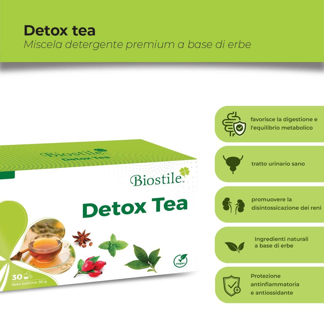 Confezione Biostile Detox Tea. Design verde e bianco con nome e logo. Contiene 30 bustine di tè, vegan.