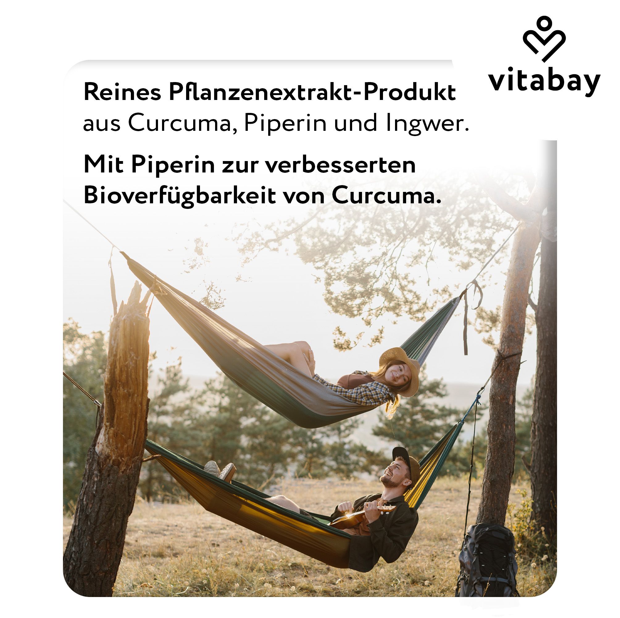 Due persone in amache. Testo: Puro estratto vegetale di curcuma, piperina e zenzero. Con piperina per una migliore biodisponibilità della curcuma.
