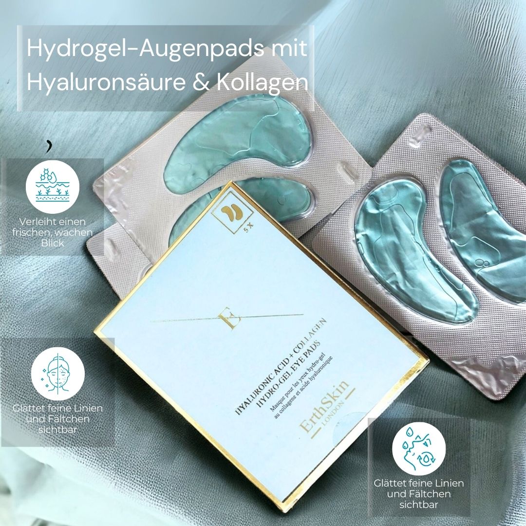 Confezione di eye pads. Testo: Hyaluronic Acid + Collagen Hydrogel Eye Pads. Pads in busta. Marchio: ErthSkin London.