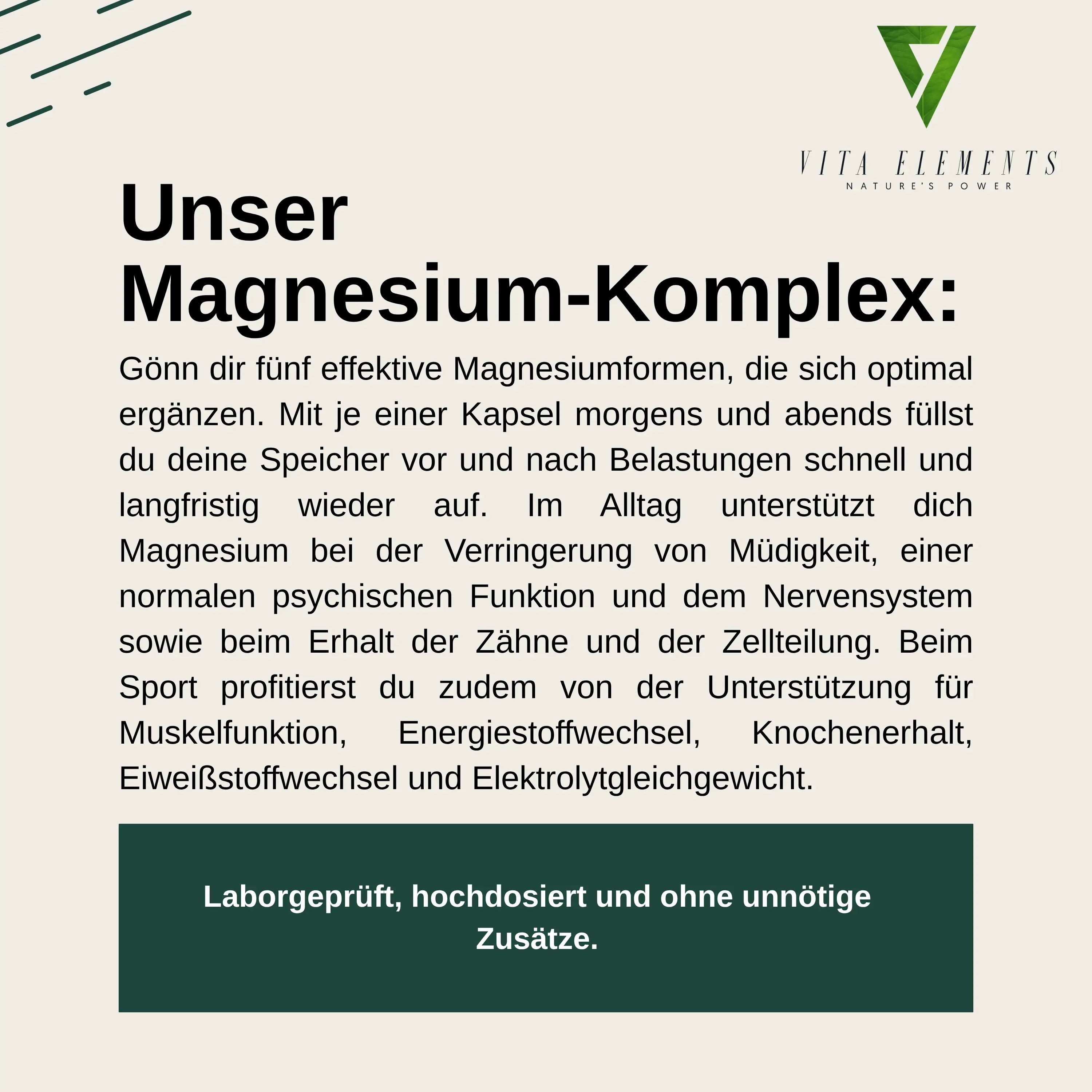 Flacone di capsule Vita Elements Magnesium Komplex, 180 capsule, Vegano. Testato in laboratorio in Germania, senza additivi, senza OGM.