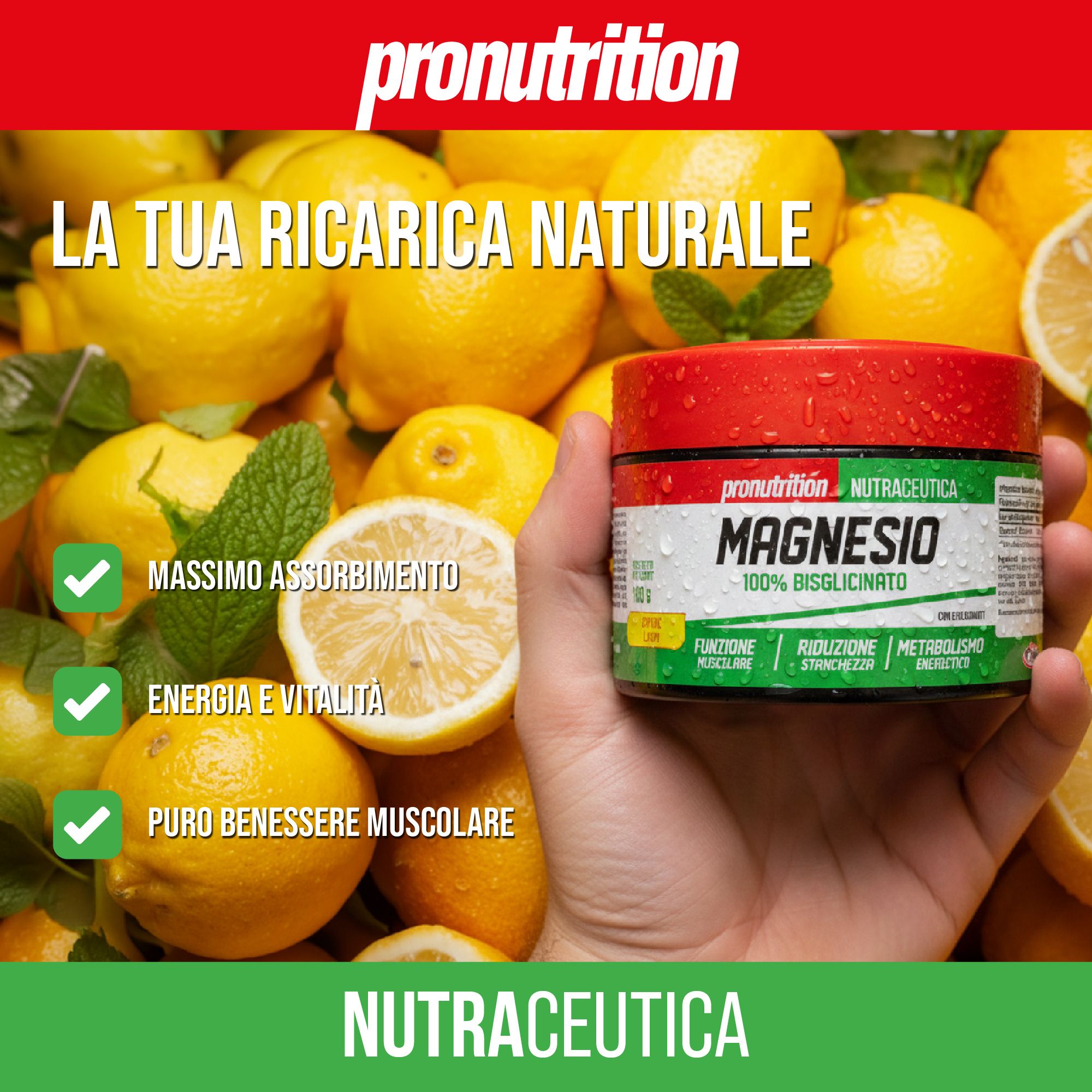 Barattolo Pronutrition Magnesio Bisglicinato in mano, circondato da limoni.