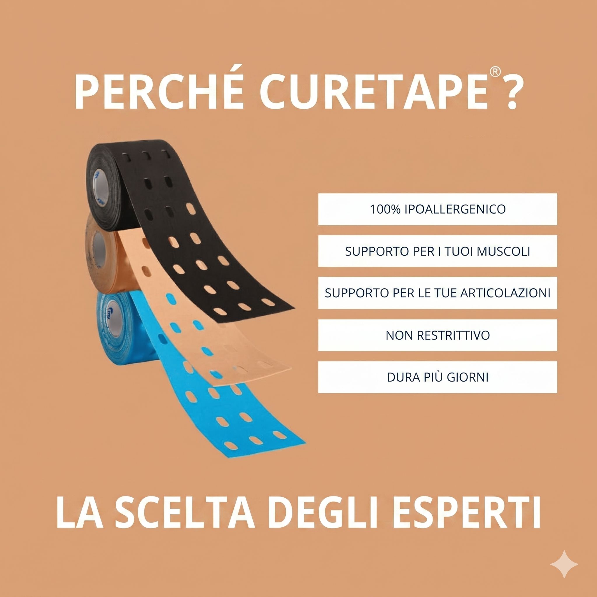 Tre rotoli di nastro kinesiologico nero, beige e blu, ipoallergenici e durevoli.