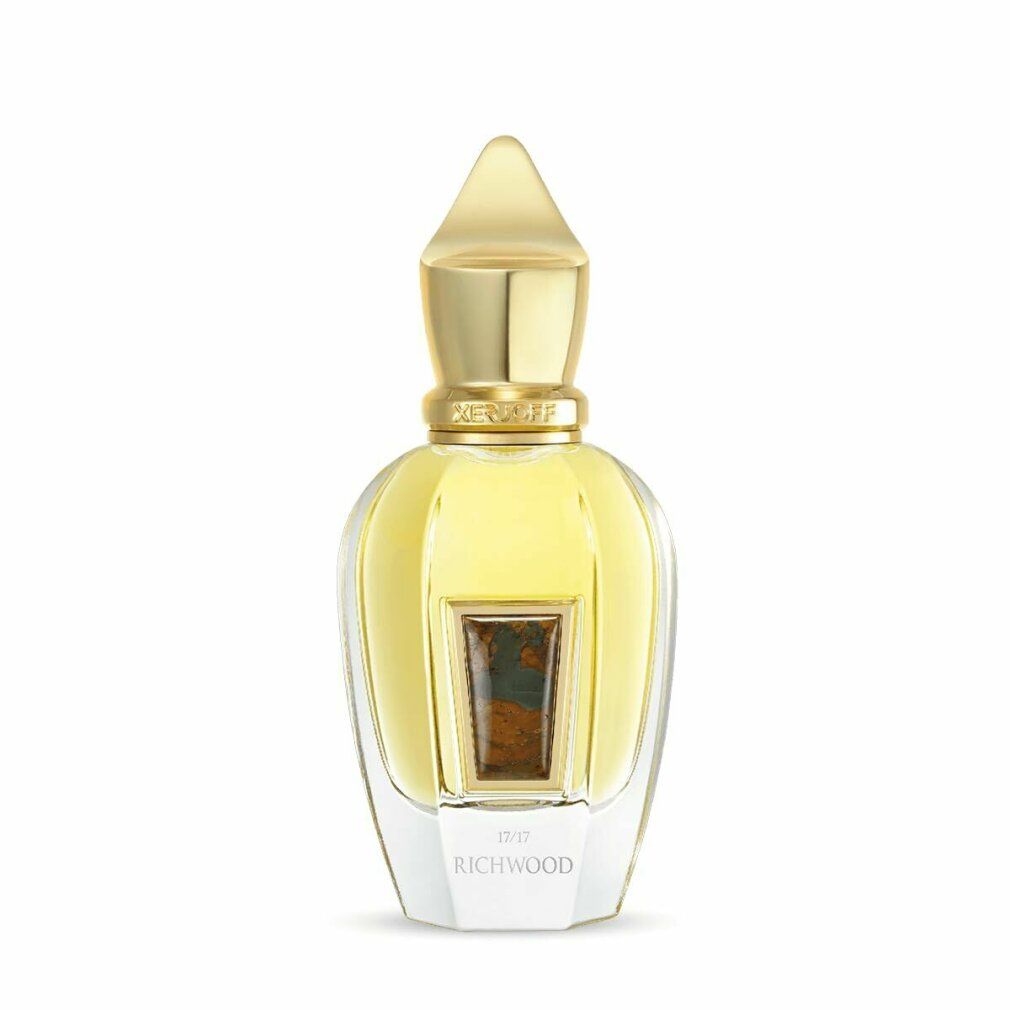 Flacone di profumo Xerjoff Richwood con tappo dorato e contenuto giallo. Dettaglio rettangolare sul davanti.