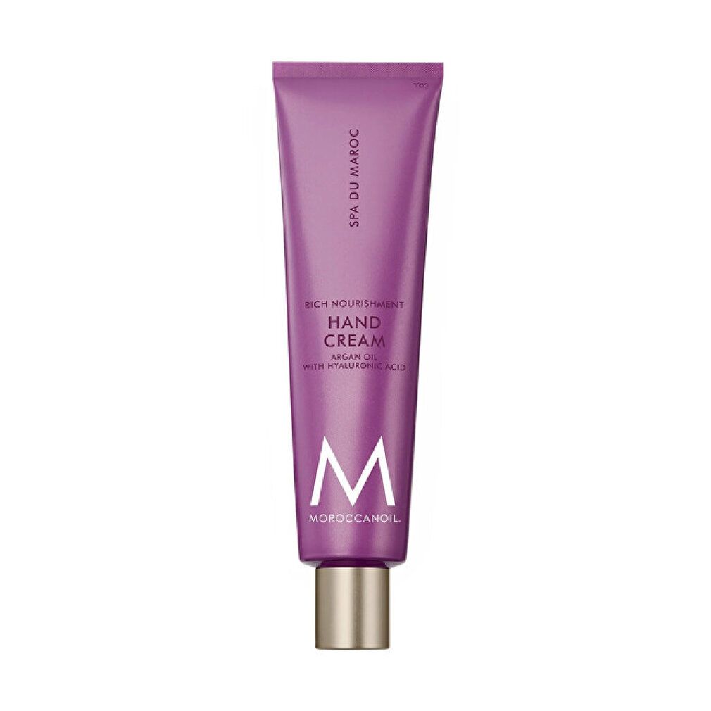 Tubo di crema mani viola. Scritta: Spa du Maroc, Rich Nourishment Hand Cream, Argan Oil, MoroccanOil. Chiusura dorata.