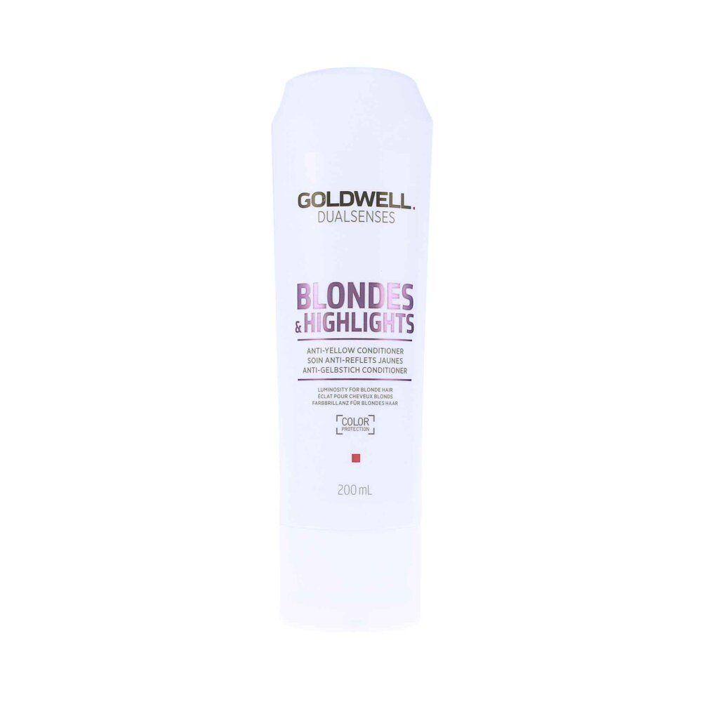 Conditioner anti-giallo Goldwell Blondes & Highlights. Flacone bianco, testo viola. 200ml.