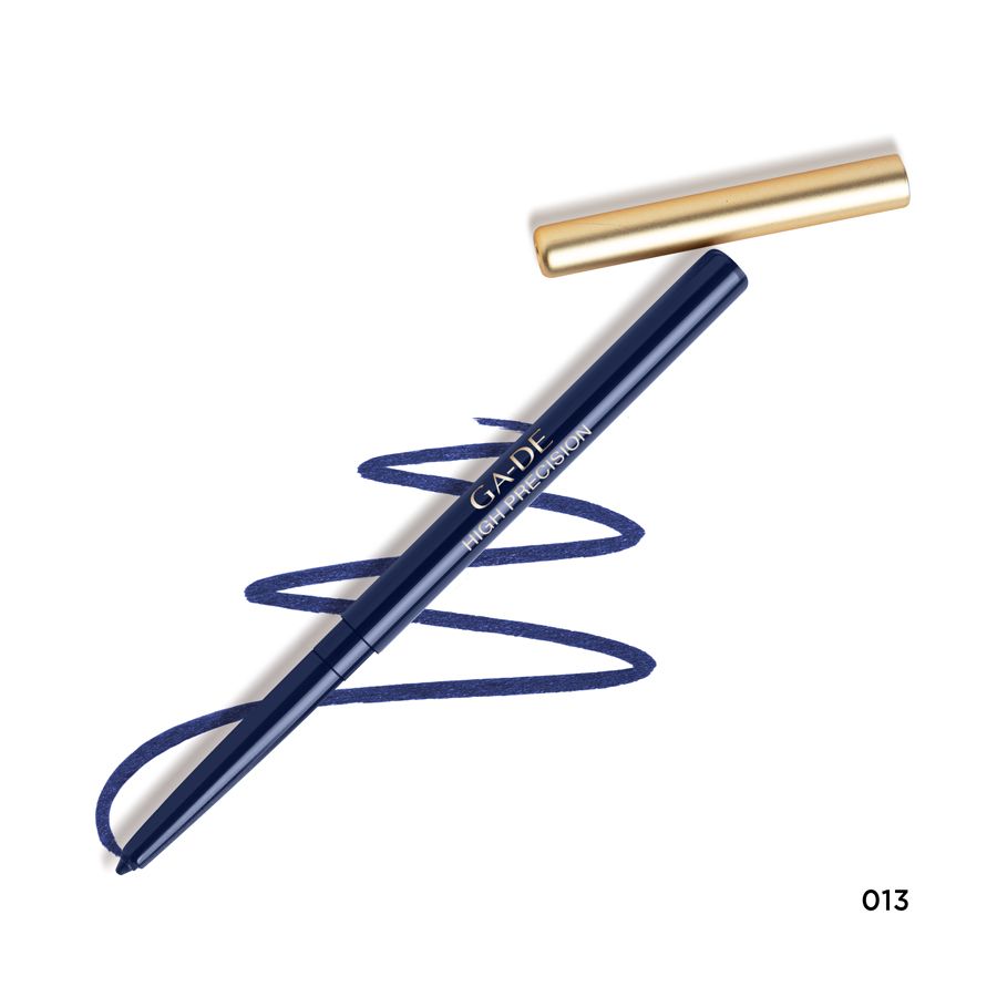 Eyeliner blu con cappuccio dorato aperto. Scritta: GA-DE HIGH PRECISION. Linea blu.