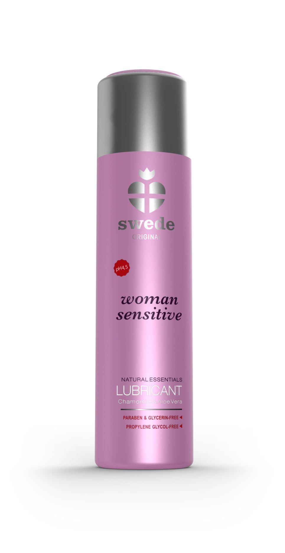Flacone rosa con tappo argentato. Scritta: Swede, woman sensitive, Lubricant. pH 4.5.