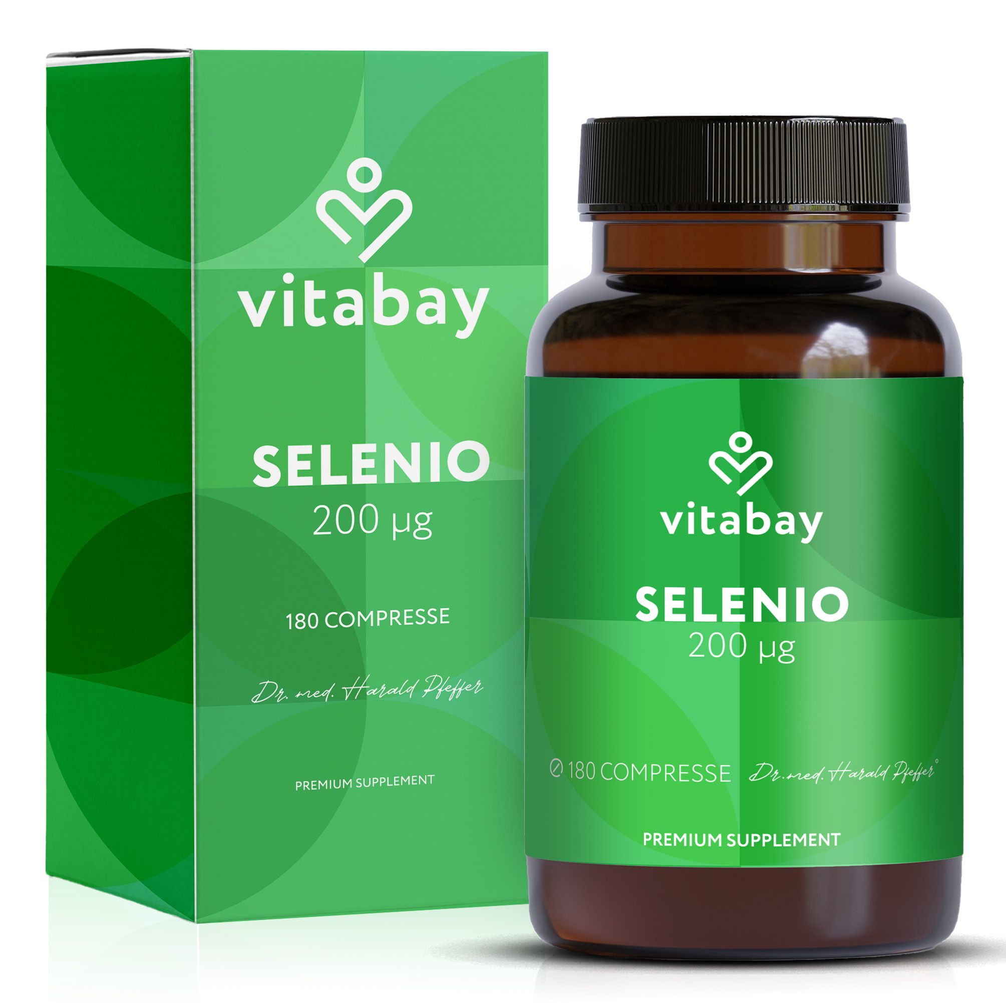 Integratore alimentare Vitabay Selenio 200 µg in flacone di vetro marrone e scatola di cartone. Contiene 180 compresse.