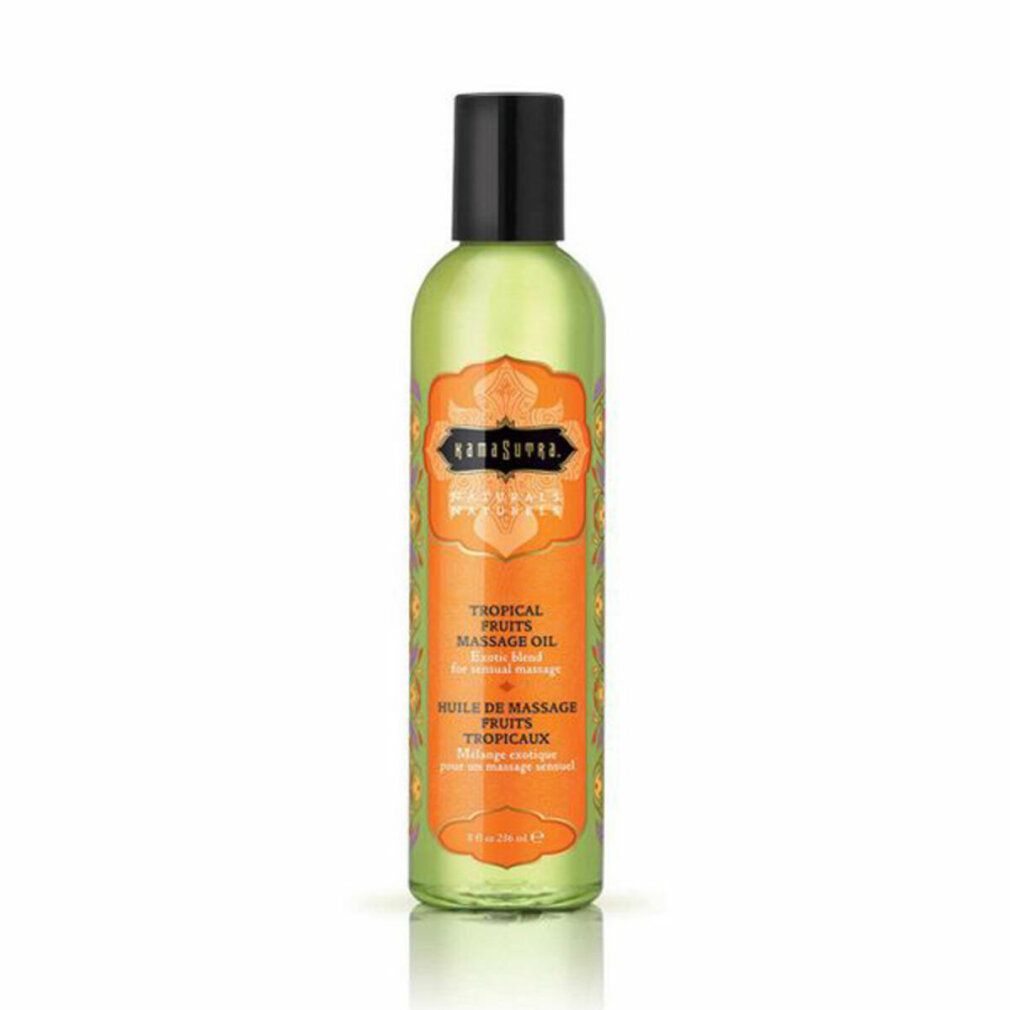Flacone verde con tappo nero. Etichetta Kama Sutra, Tropical Fruits Massage Oil. Etichetta arancione.