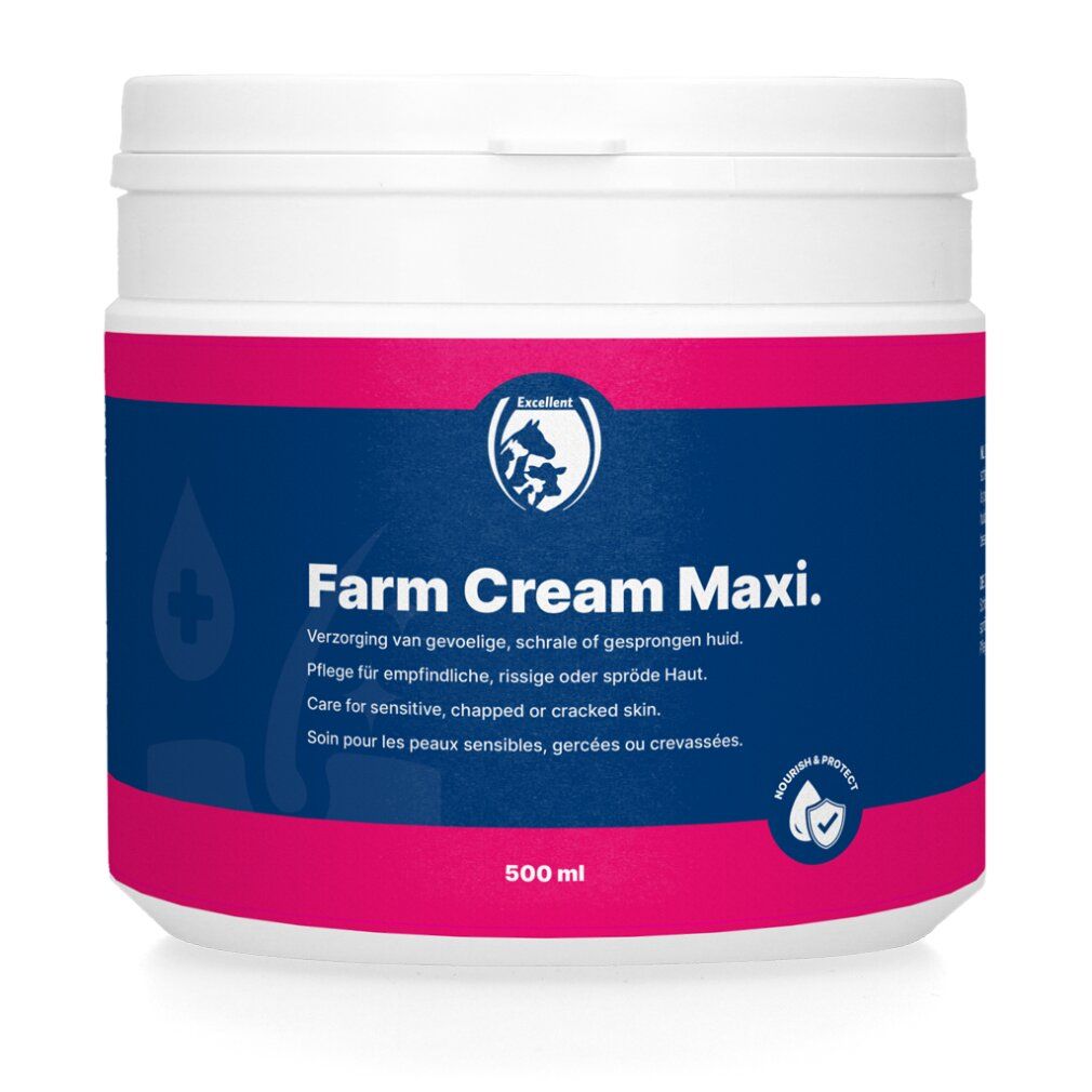Vaso bianco con coperchio. Scritta: Farm Cream Maxi. Campo blu con strisce rosa. 500 ml. Prodotto per pelli sensibili.