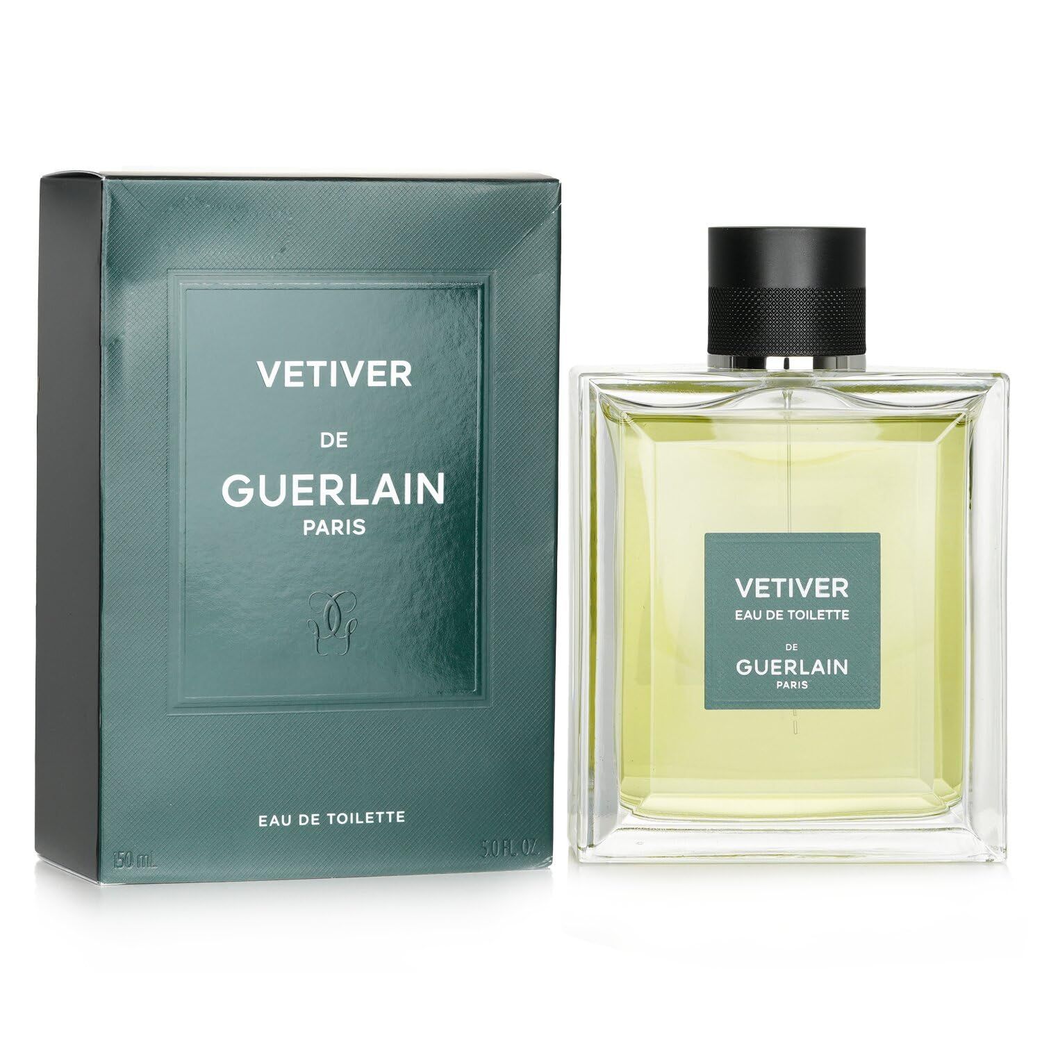 Flacone e confezione. Flacone: quadrato, vetro, tappo nero. Confezione: verde, testo: VETIVER, de Guerlain, Paris, Eau de Toilette.