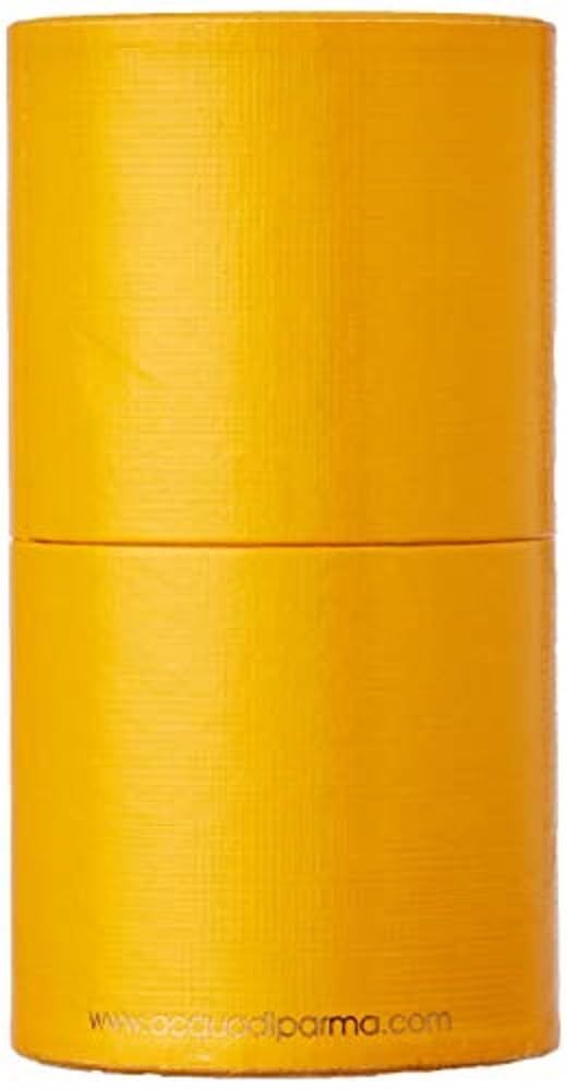 Confezione cilindrica gialla. Testo: www.acquadiparma.com.