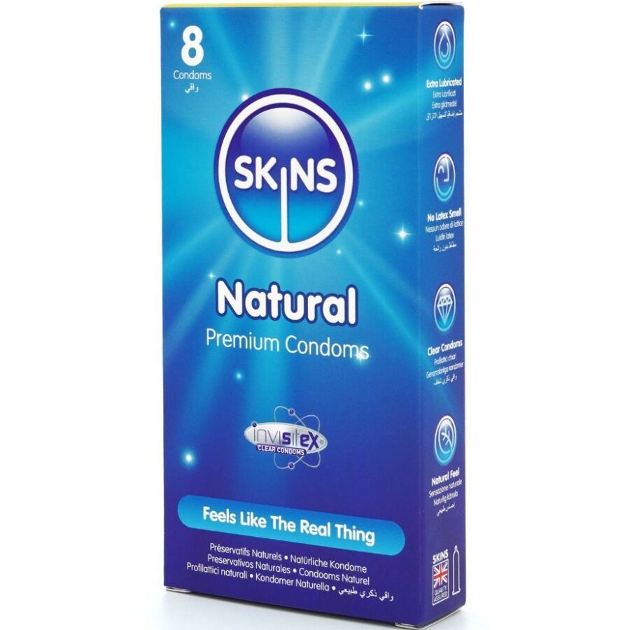 Scatola blu e bianca di preservativi SKINS Natural. Contiene 8 preservativi. Testo: Premium Condoms, Invisitex, Feels Like The Real Thing.
