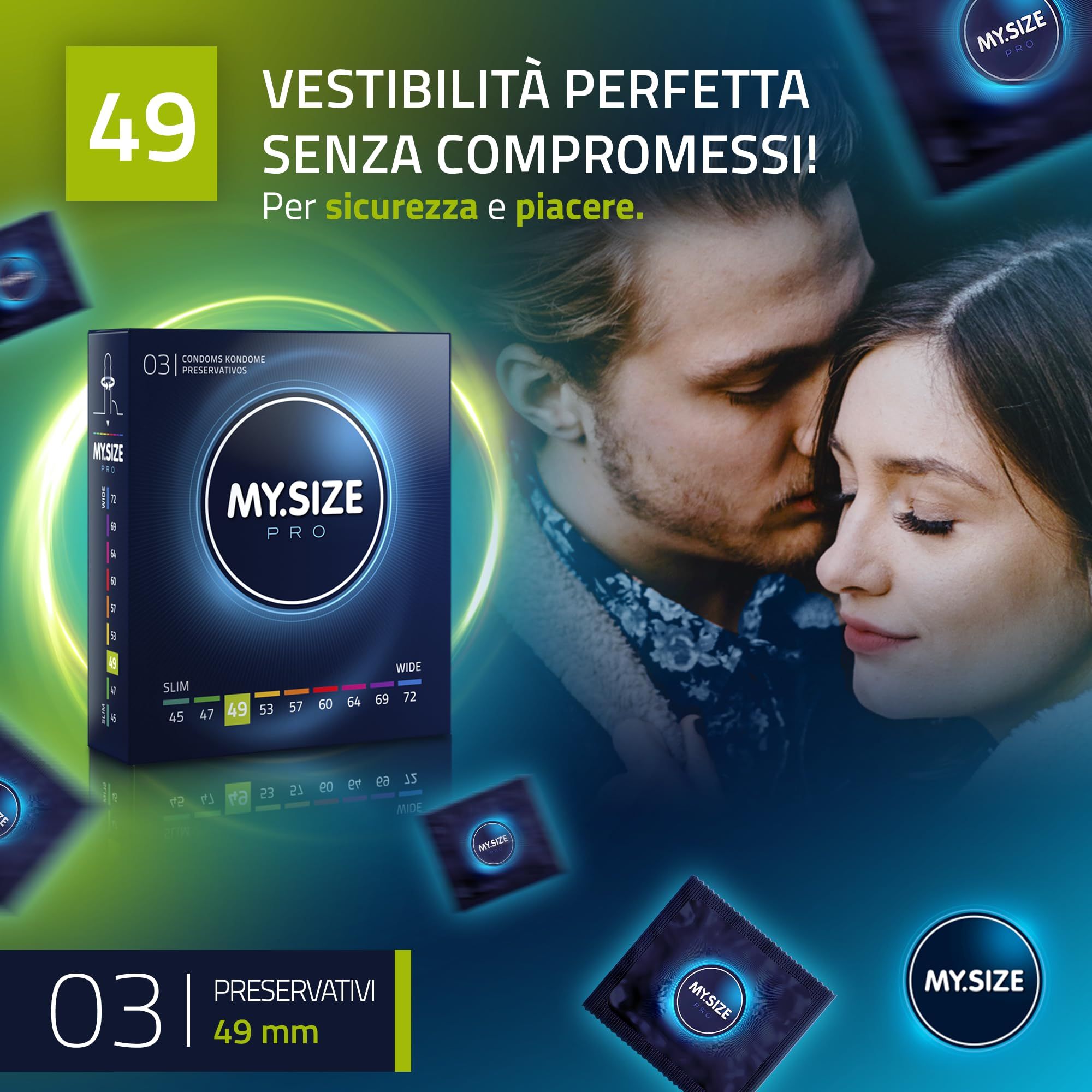 Confezione di preservativi My.Size PRO, larghezza 49mm, con guida alle taglie.