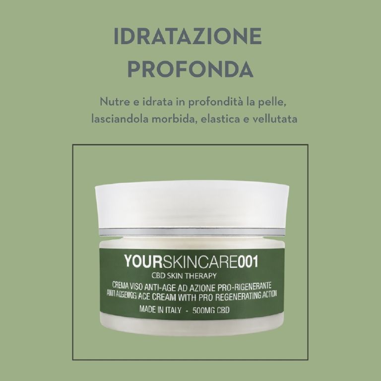Vasetto di crema con coperchio bianco ed etichetta che indica 'YOURSKINCARE001', 'CBD SKIN THERAPY' e 'MADE IN ITALY - 500MG CBD'.