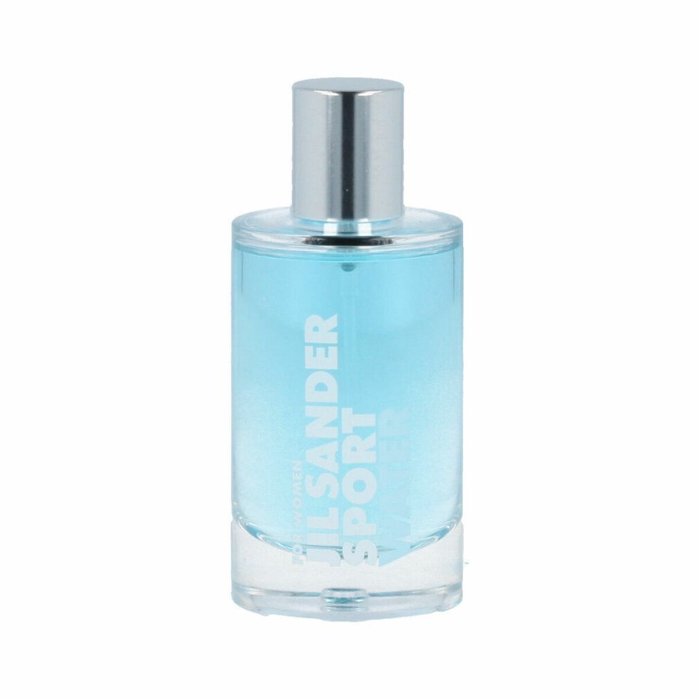 Flacone Jil Sander Sport Water. Flacone azzurro chiaro con tappo argentato. Base in vetro trasparente. Scritta bianca.